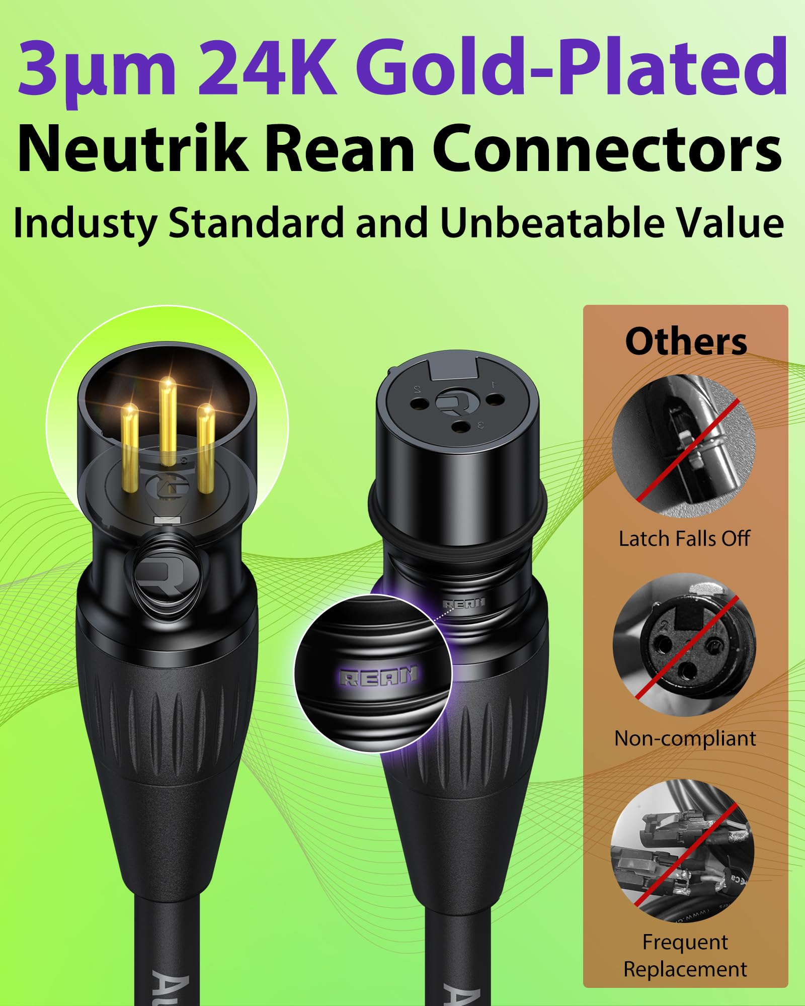 Cables XLR de 7.6m, 2 unidades, conectores Rean profesionales chapados en oro de Neutrik, cable de micrófono XLR trenzado de nailon reforzado con Kevlar, cable de micrófono, cable blindado y