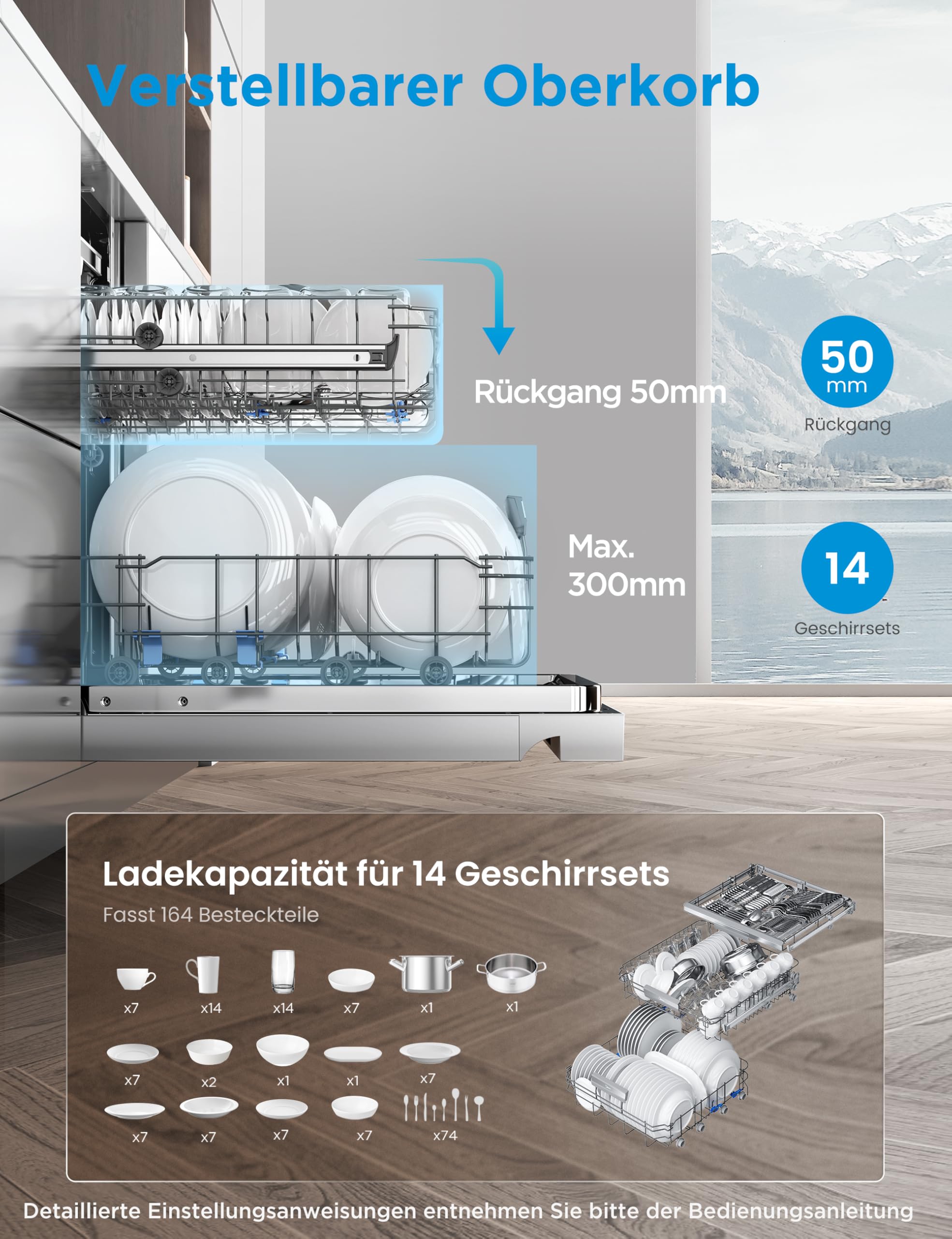 Midea SF 7.60NW14B Geschirrspüler 60cm Freistehend & Unterbaufähig, 14 Maßgedecke, 8 Programme, Spülmaschine 60 cm mit WiFi, 42 dB, Hygienepflege+, Dualzone Wash, Extra Trocknen