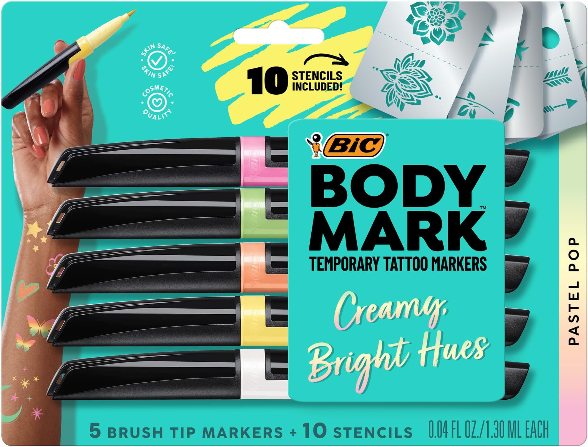 Bodymark BIC Body Art Markers, Pastel Pop, Flexible Brush Tip, 5-Count Pack of Assorted Colors, Skin-Safe*, Cosmetic Quality (MTPBP5-AST)