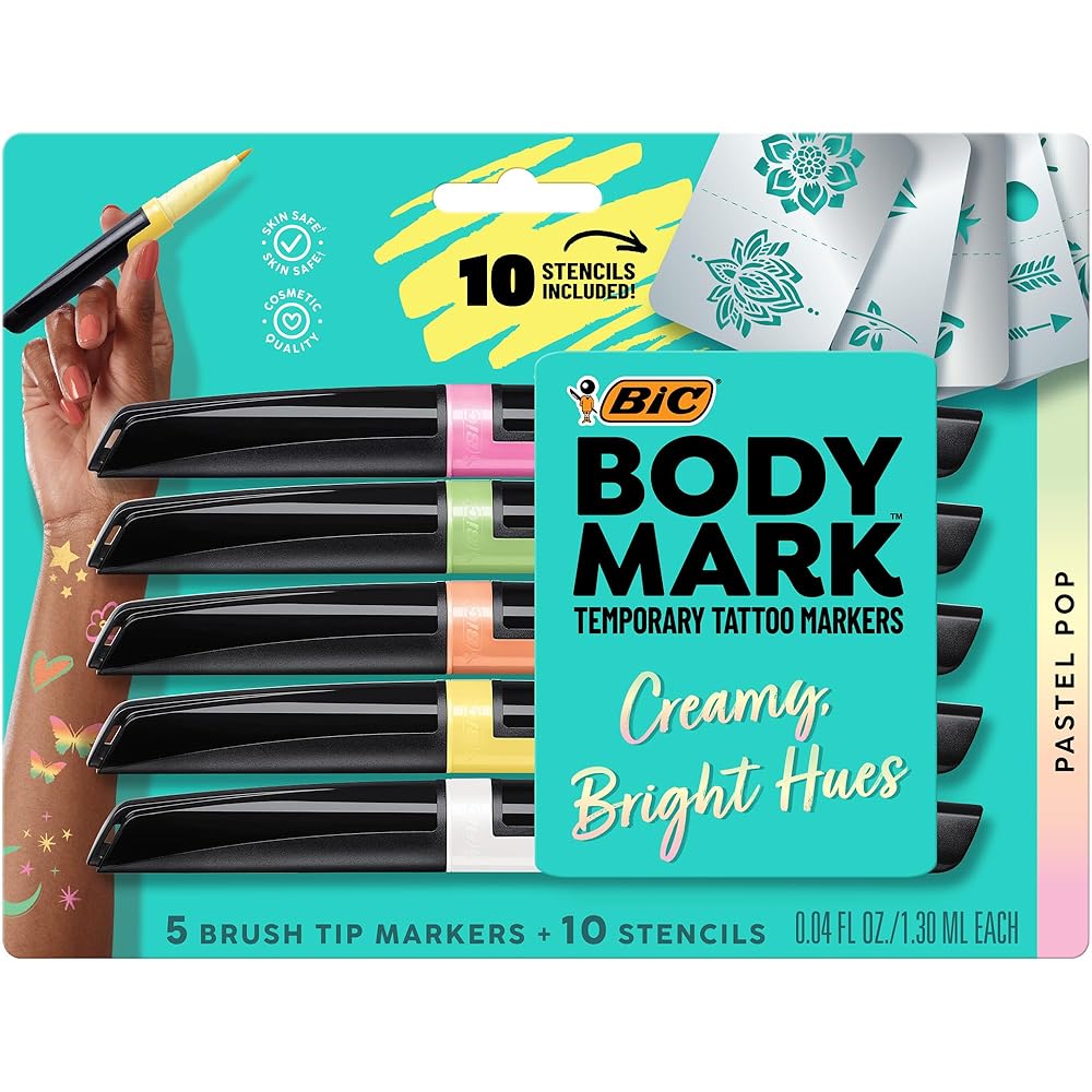 BODYMARK BIC Body Art Markers, Pastel Pop, Flexible Brush Tip, 5-Count Pack of Assorted Colors, Skin-Safe*, Cosmetic Quality