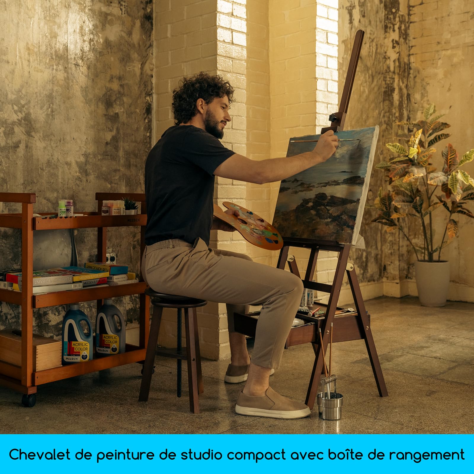 MEEDEN Chevalet de Peinture en Bois avec Tiroir de Rangement : Chevalet de Studio en H Réglable en Hêtre, Grand Support de Peinture Pliable – Adapté aux Toiles jusqu'à 91 cm, Noyer clair