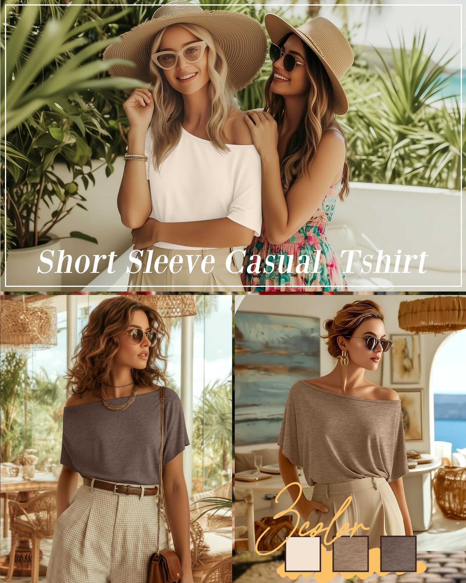 Riyiper Paquete de 3 Camisetas de Mujer con Hombros Descubiertos, Blusas holgadas y fluidas de Manga Corta, Camisetas Verano