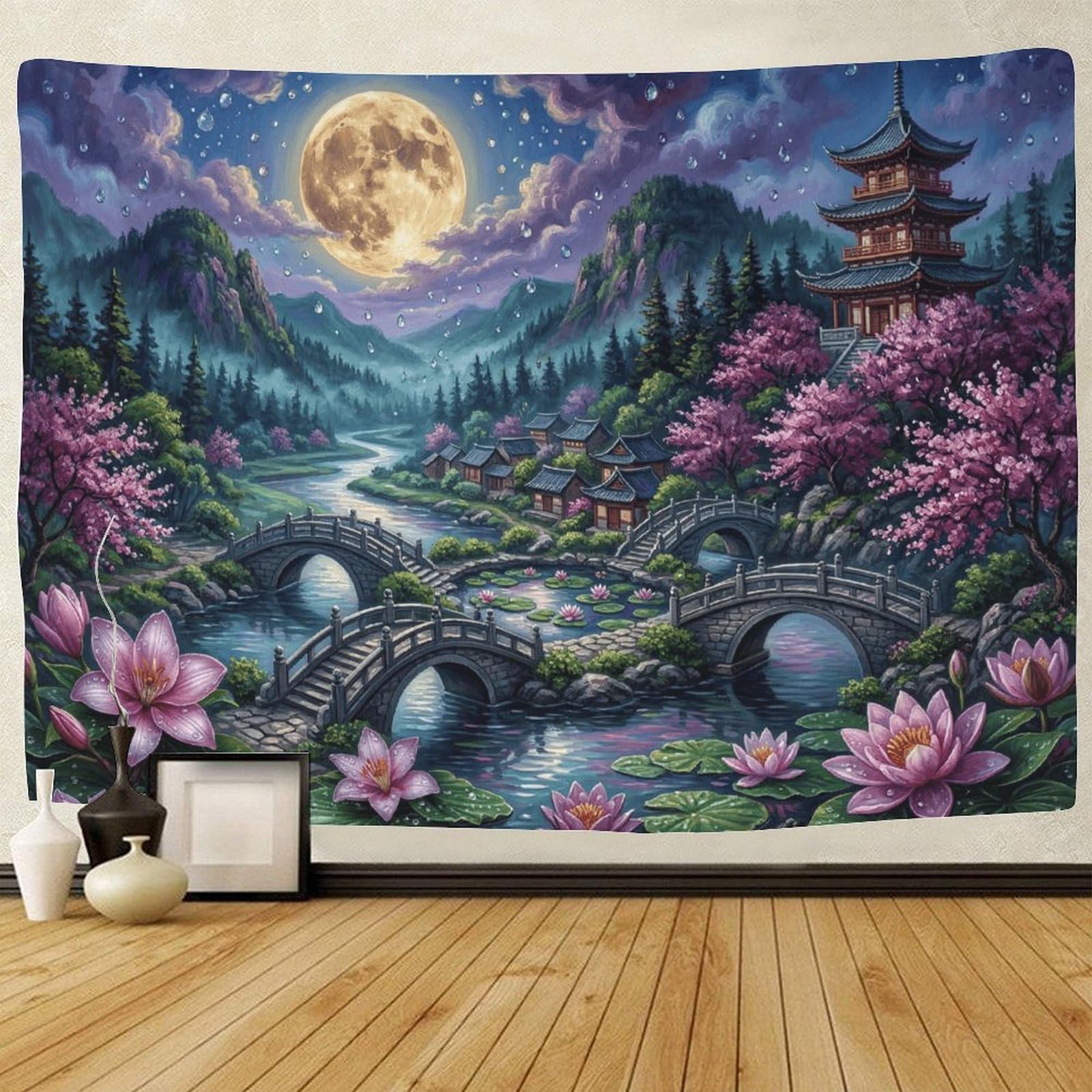 GPMNBCXZK Japanese Cherry Blossom Wall Tapestry Bedroom Living Room Decor 3D Moonlit Landscape Hanging 100cmx150cm