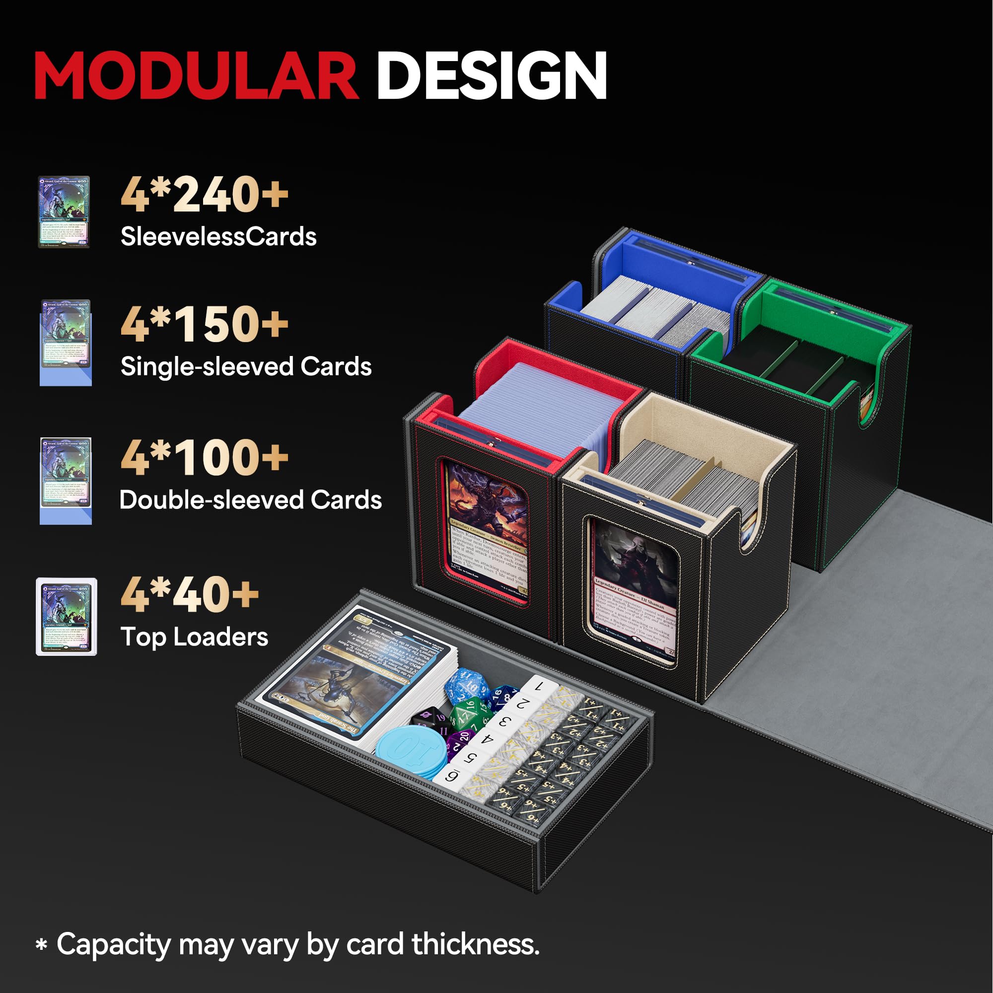 Boîte de rangement pour cartes MTG avec affichage Commander, boîte de rangement 5 en 1 pour cartes à collectionner plus de 400 cartes à double manchon, étui amovible pour cartes TCG/cartes de sport