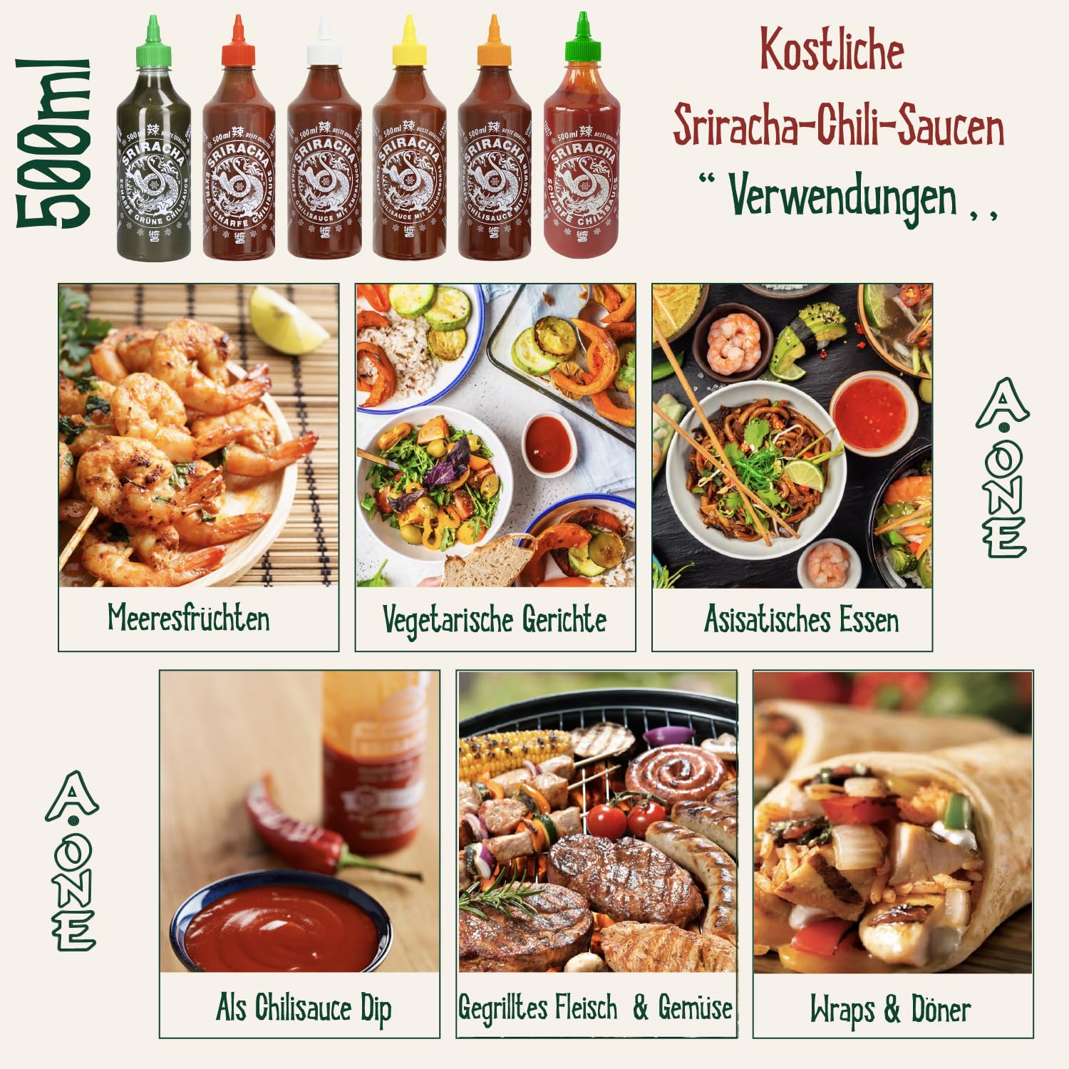 A-ONE Sriracha sos 12 sztuk x 500 ml – sos chili o 6 smakach po 2 butelki – klasyczny, super hot, czosnek, trawa cytrynowa, imbir, zielony – opakowanie ekonomiczne – wegetariański