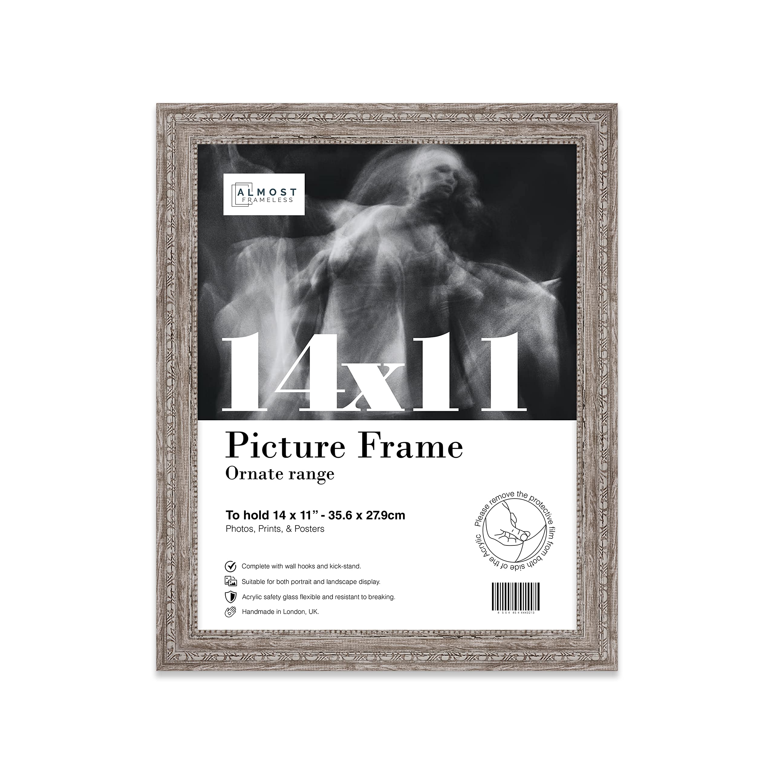 Almost Frameless 14x11 Walnut Ornate Picture Frame 14"x11"(35.6x27.9cm) Poster, Photo, Artwork, or Print. Baroque Style Portrait and Landscape Display with Wall Hooks