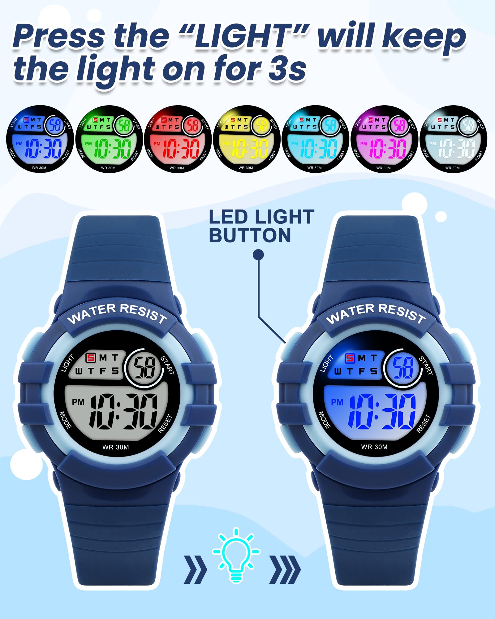 Reloj Niño Digital Infantil con 7 Luces LED,Impermeable 3 ATM, Alarma,Fecha,Cronómetro,Reloj Deportivo de Pulsera para Niñas y Niños,Regalo Ideal