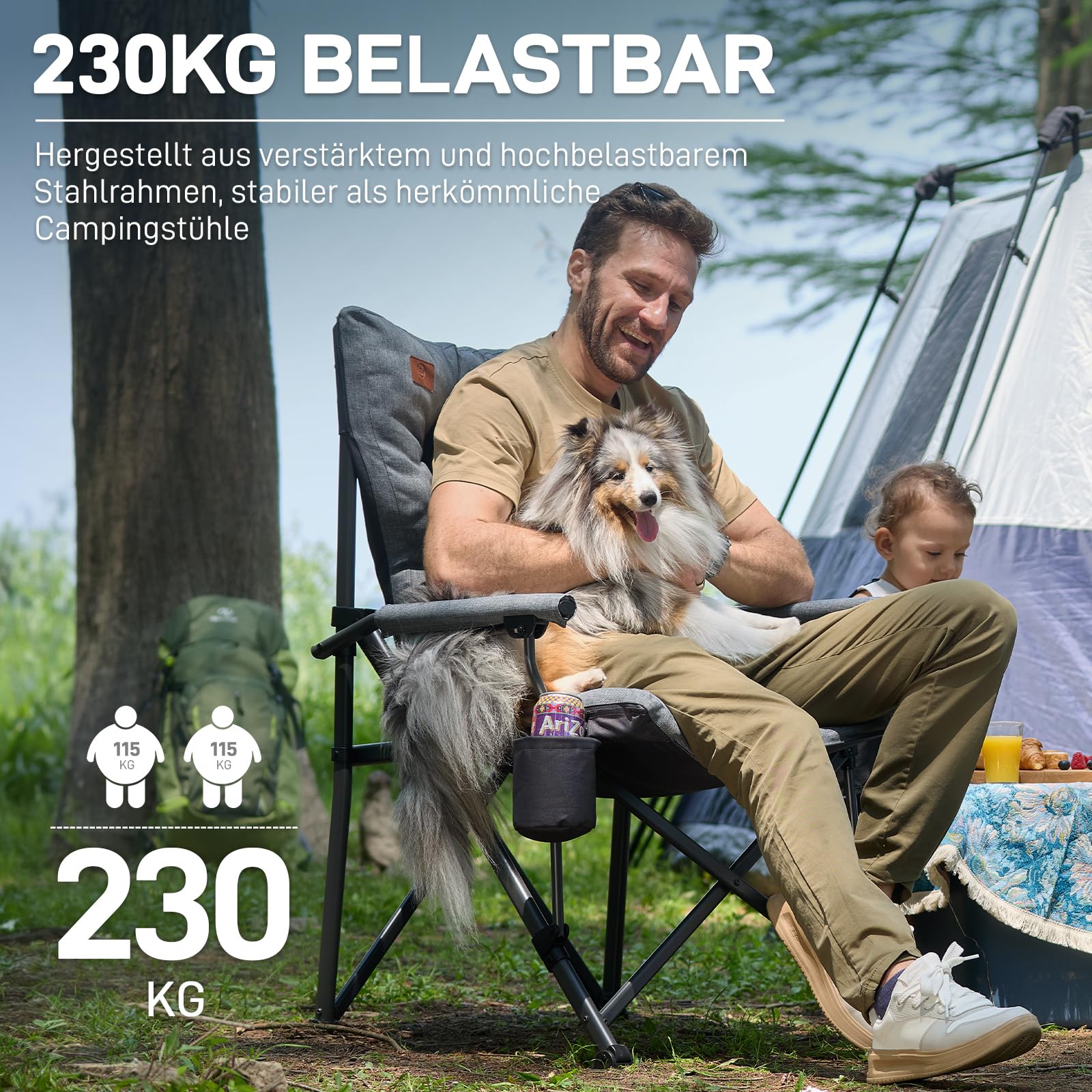 EVER ADVANCED Campingstuhl Faltbar 230KG Belastbar XL Klappstuhl 62cm Sitzbreit mit Seitentasche Getränkehalter Übergroß Faltstuhl Angelstuhl für Camping Outdoor Balkon Garten