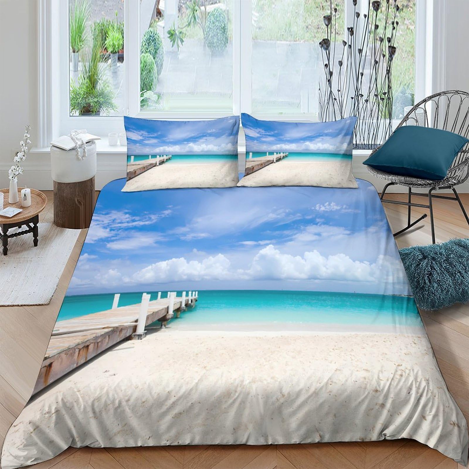 Ctjqhvkz Style-1 3D Printed Beach Ocean Fitted Sheet Microfiber Soft Sand Pier Mattress Cover For Bedroom Guest Room Easy Care Decor Single（135X200cm）