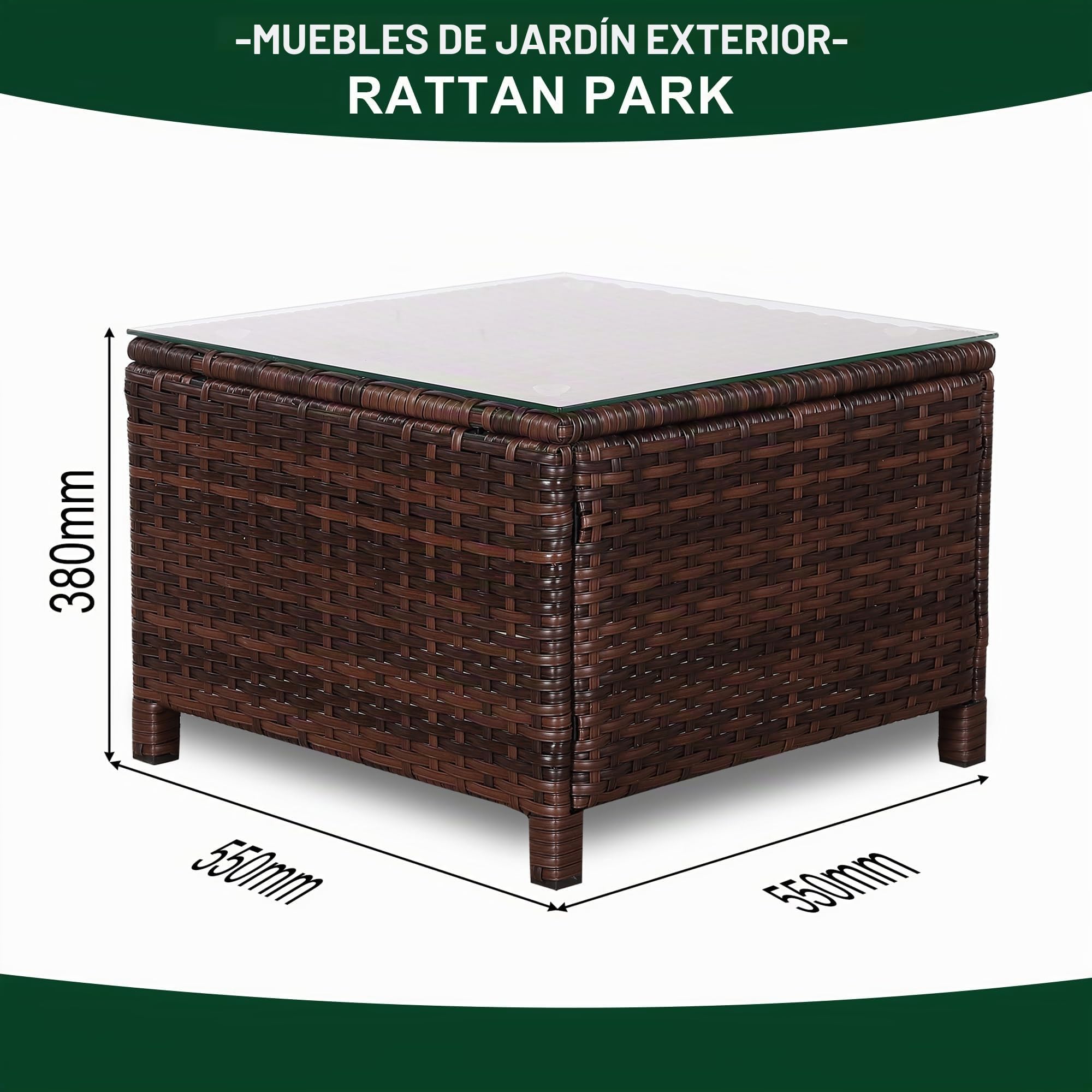 Rattan Park Mesa de Centro de ratán para Exterior con Tapa de Cristal, Mesa Auxiliar de Mimbre Resistente a Todo Clima para Patio, balcón o Porche, Color marrón (55×55×38 cm)
