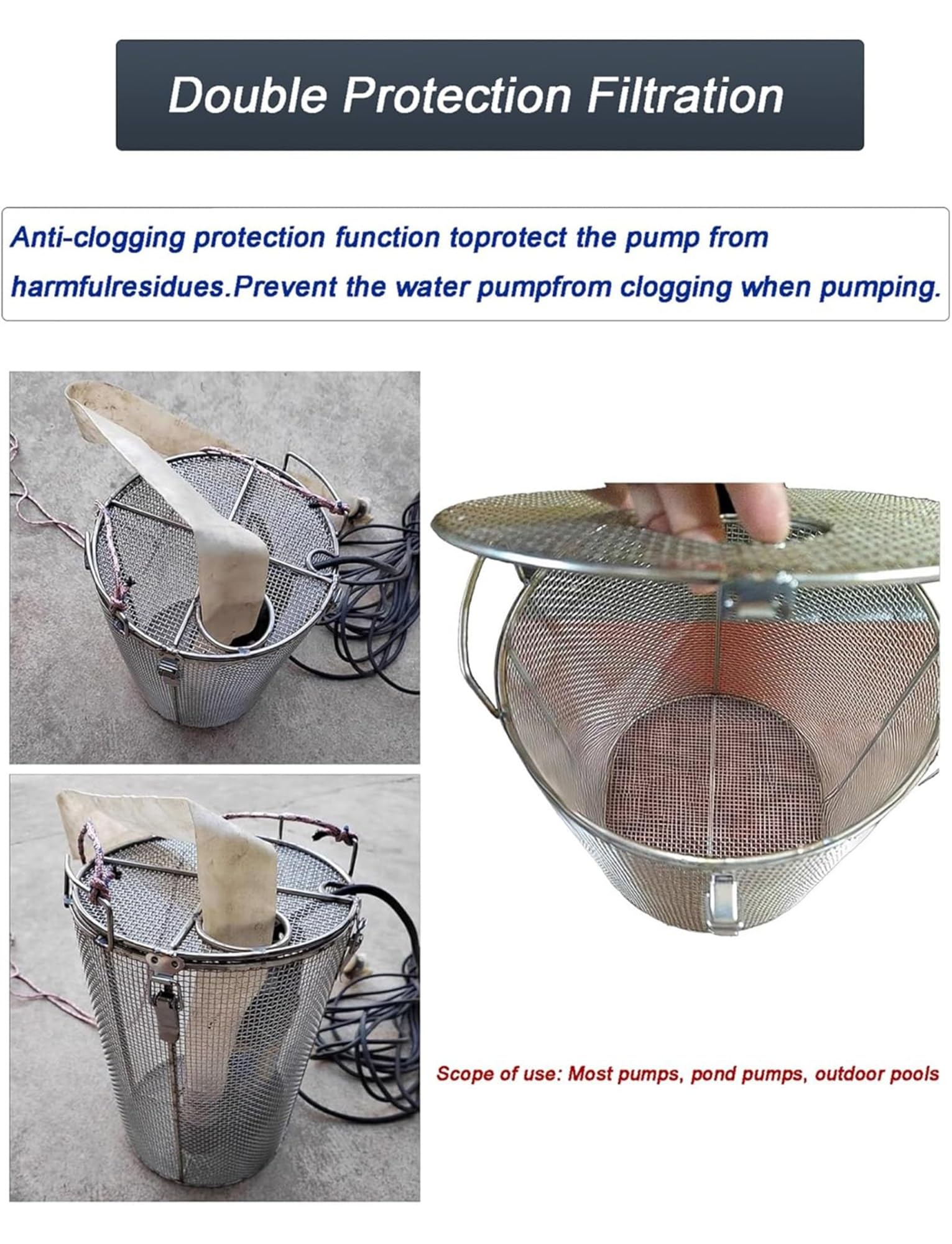 Cubierta de filtro de bomba resistente, protector universal de malla de acero inoxidable para bombas de aguas residuales, sumideros y estanques, pantalla de protección antiobstrucción para uso en