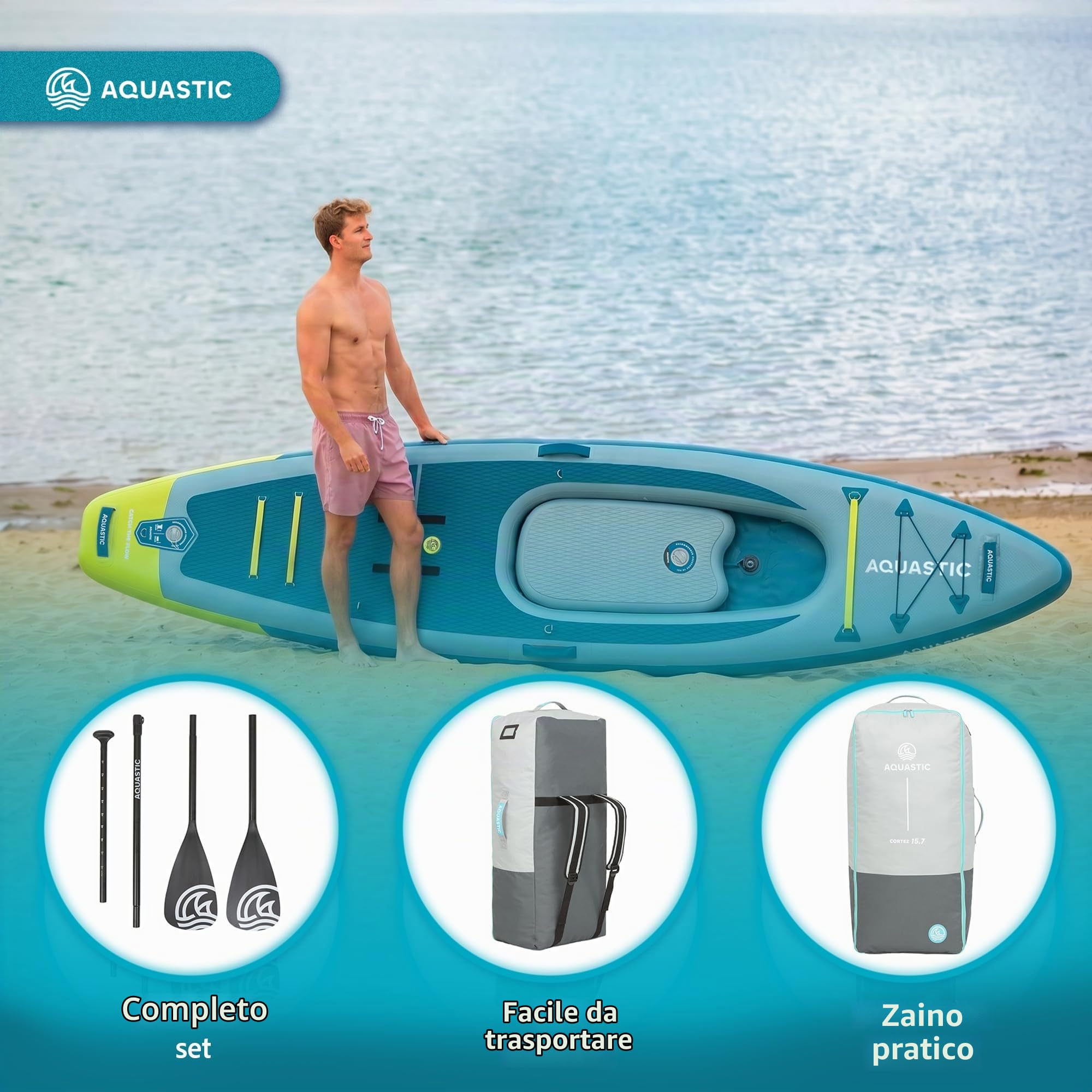 AQUASTIC Raglan 11'2 Kayak SUP ibrida gonfiabile – Tavola SUP con sedile per kayak, pagaia, pompa, 2 pinne e zaino