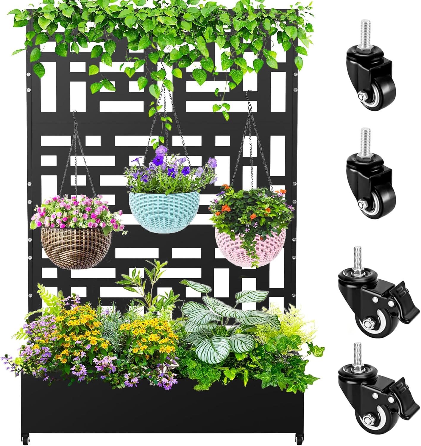 Nexum Metal Planter Box with Trellis & Wheels, 71"x47"x16" Planter Boxes Outdoor with Drainage Holes, Privacy Planters for Patio, Balcony, Backyard, Poolside