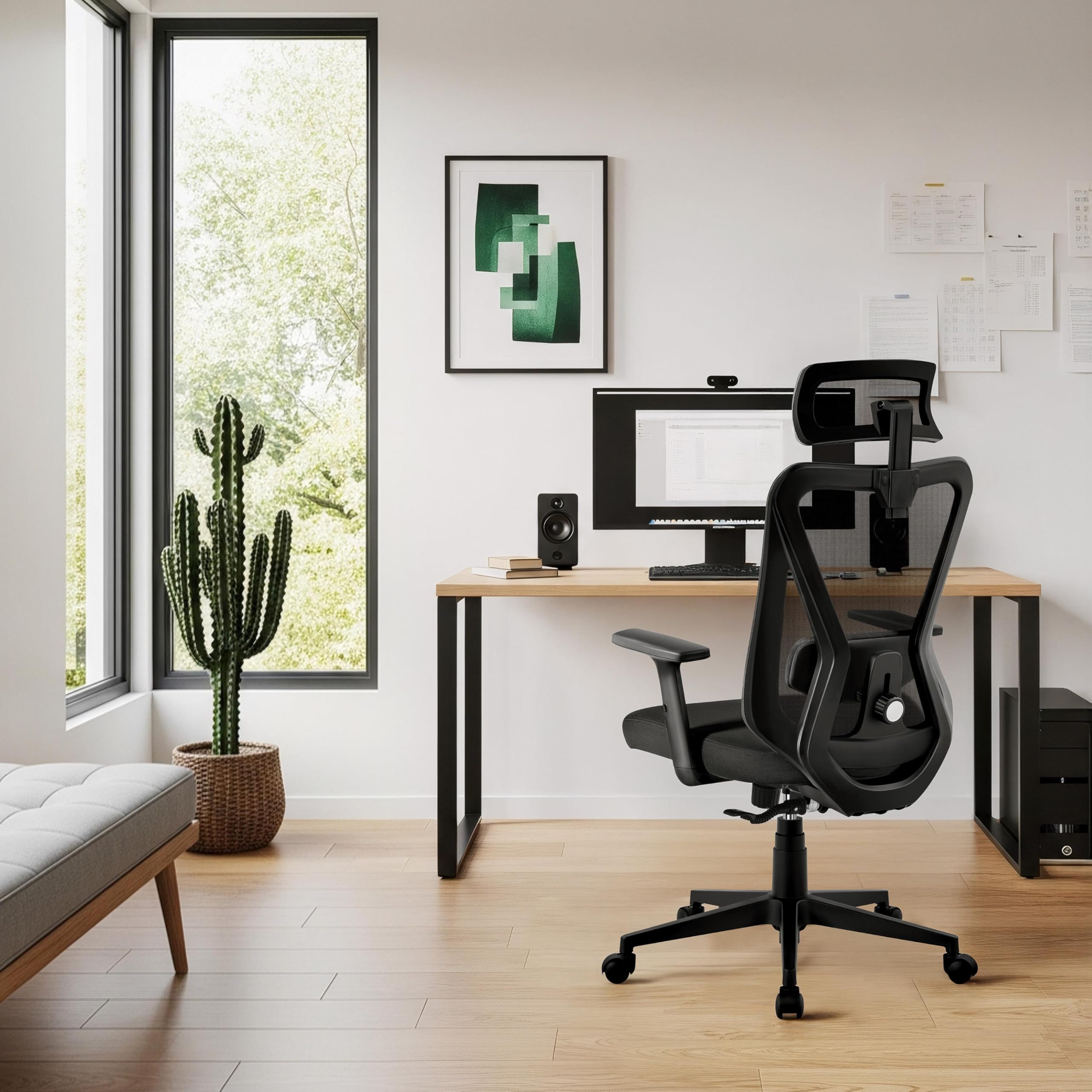 Yaheetech Bürostuhl Ergonomisch mit atmungsaktivem Netzrücken Schwarz | Höhenverstellbarer Schreibtischstuhl Verstellbare Armlehnen Kopfstütze und Lendenstütze Wippfunktion bis 130°
