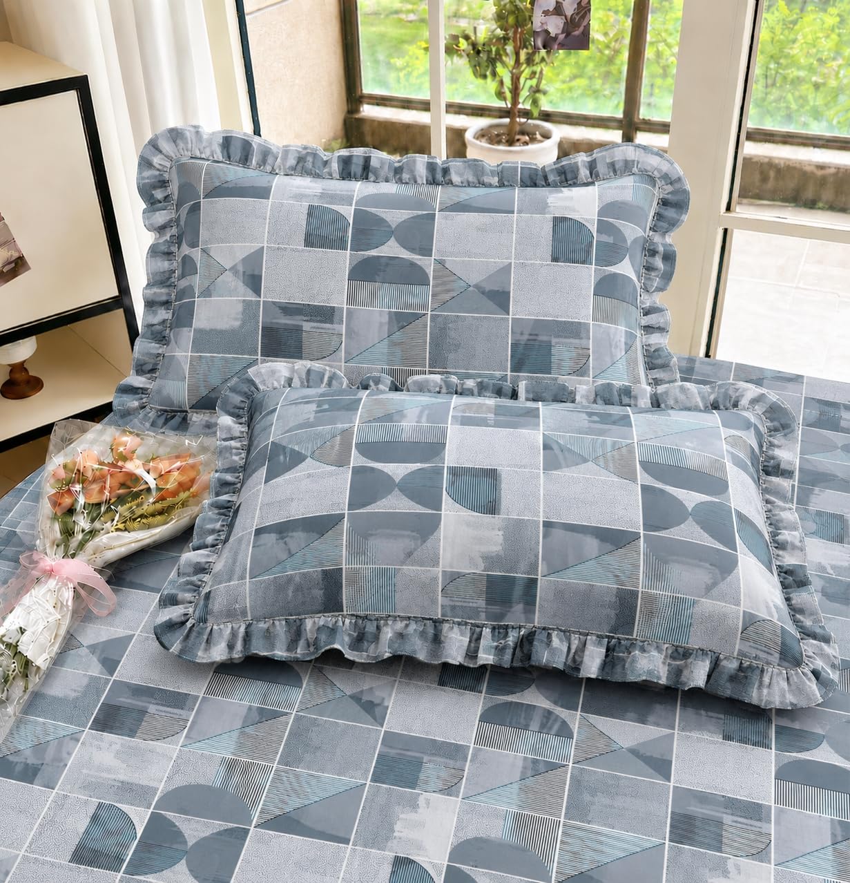 VOMZER King Size (60x78) 300 TC Soft Cotton Feel Microfiber All Around Elastic Fitted Double Queen Bedsheet with 2 Frill Pillow Covers | Grey Blue Geometric