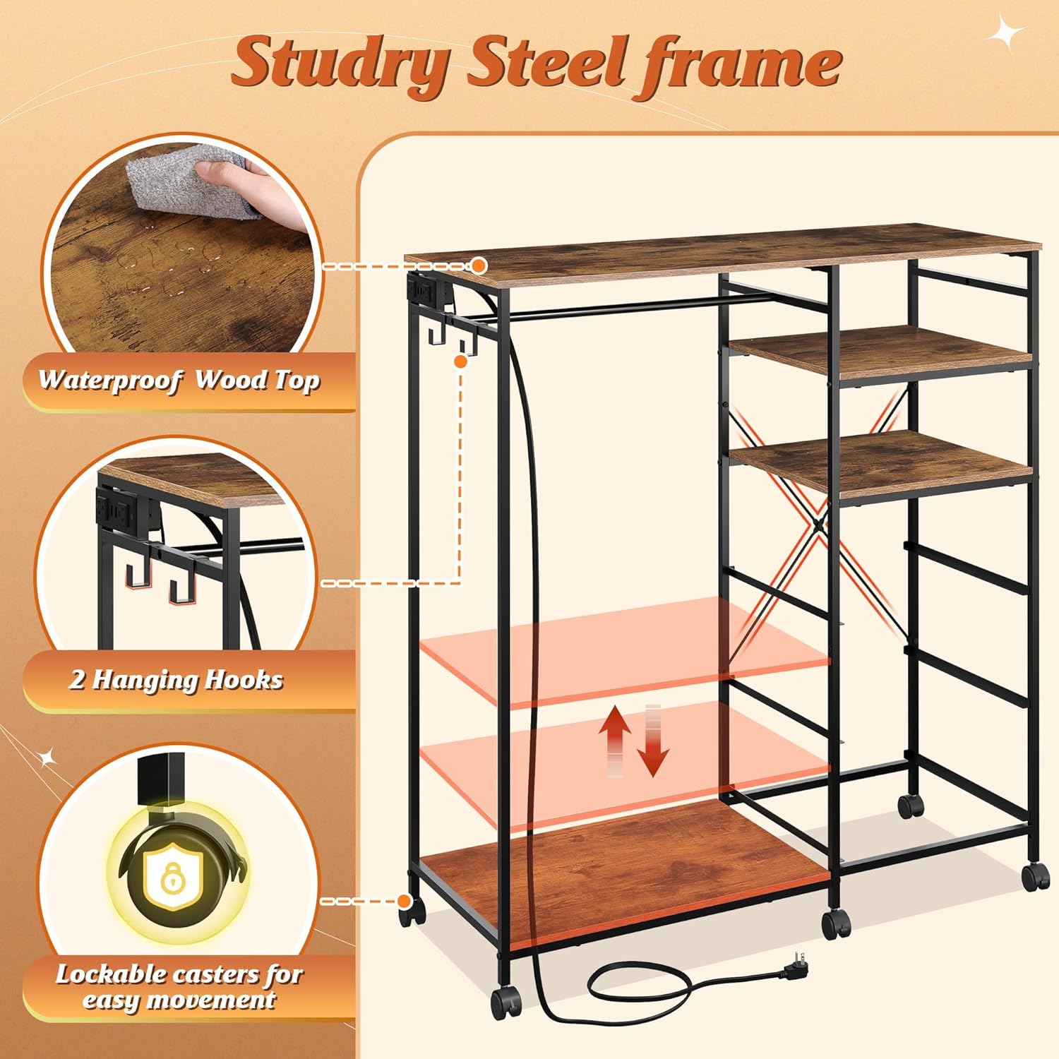 WLIVE Dresser with Hanging Rack for Bedroom, 3 Drawer Dresser with LED Lights & Charging Station, Fabric Dressers & Chest of Drawers, Storage Organizer with Open Shelves for Living Room, Brown - Image 9