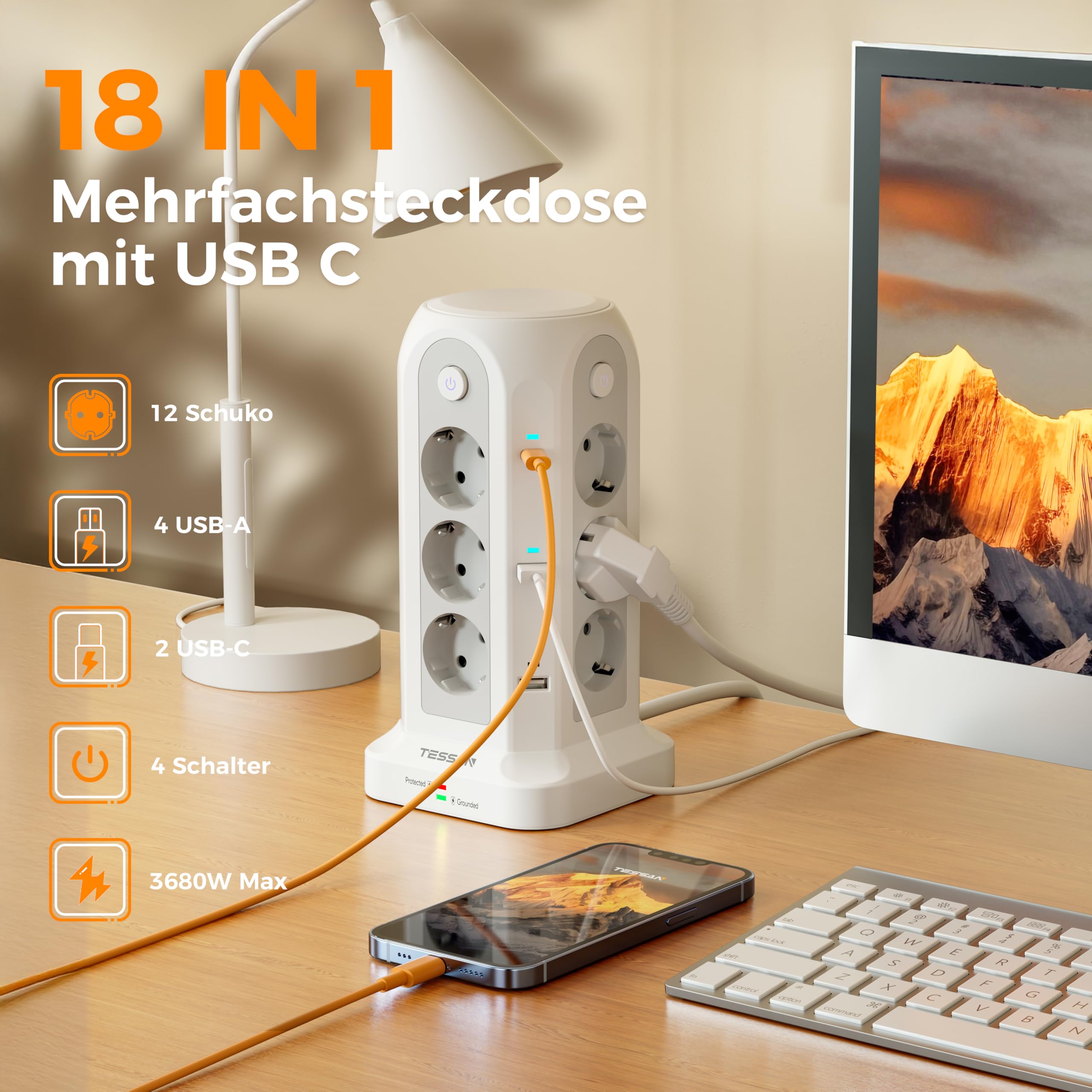TESSAN Mehrfachsteckdose mit USB, Verlängerungskabel 5M, Weiß | 12 Fach Steckdosenleiste mit 4 Einzelnen Schalter, 2 USB C und 4 USB A, Verteilersteckdose 3680W, Steckdosenturm für Zuhause
