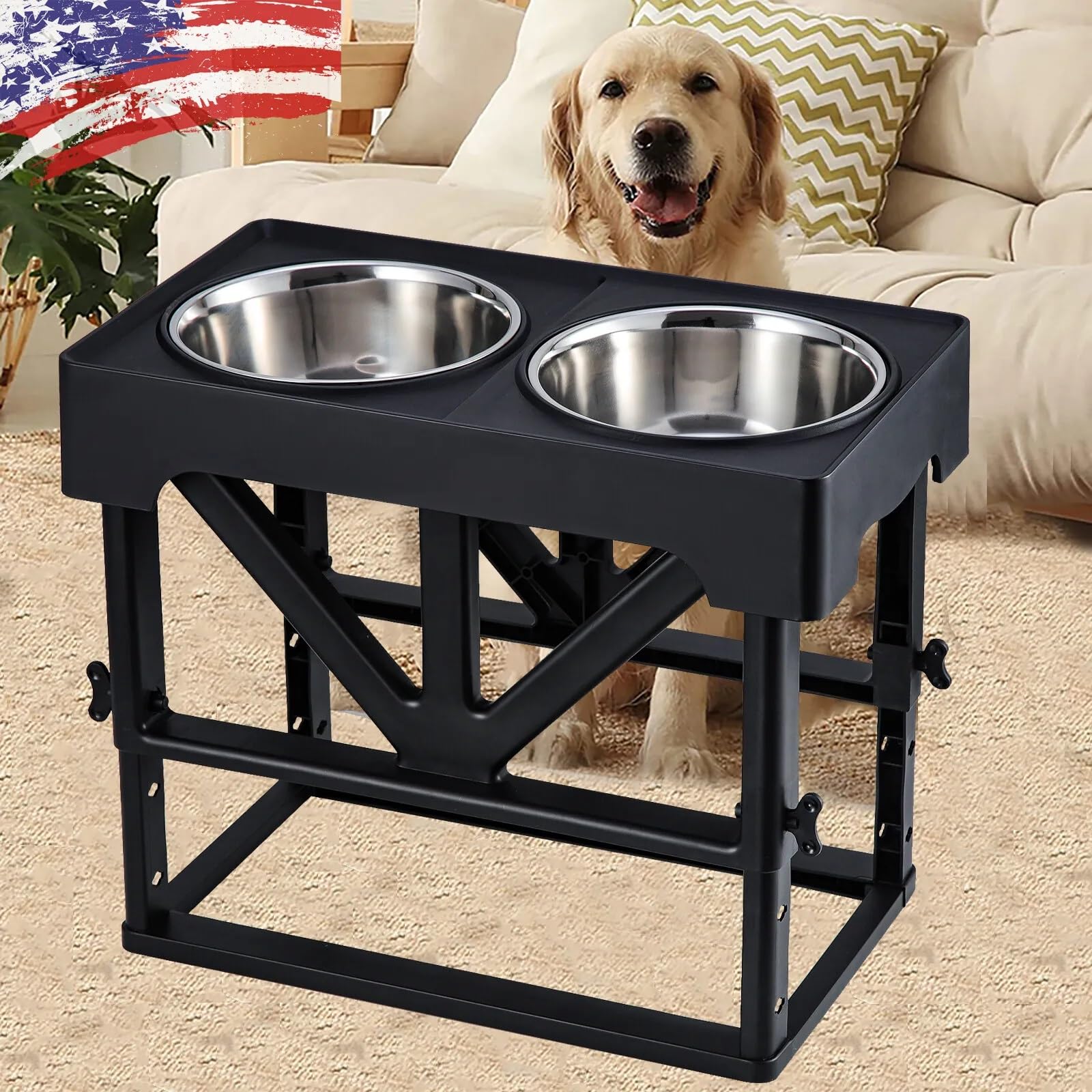 Homodoskey Elevated Dog Bowls with 2 Stainless Steel Dog Food Bowls, Raised Adjustable Dog Water Bowl Stand Adjusts to 4 Heights (3'', 9.5'', 11.5'', 13.5'') for Small Medium Large Dogs, Black