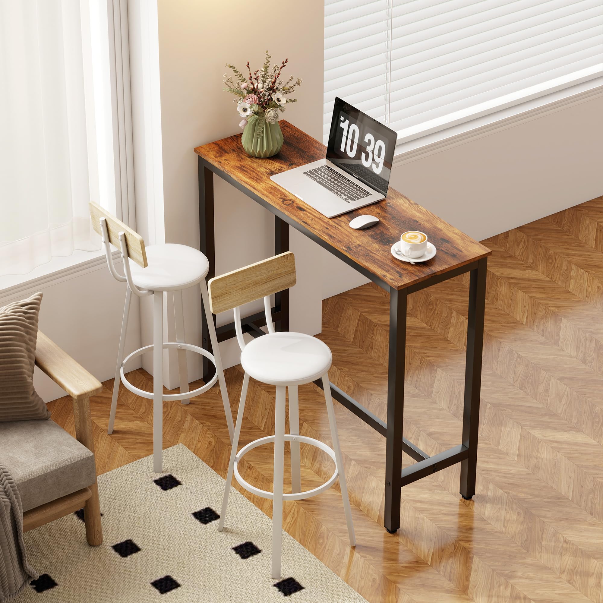 HOMCOM Juego de 2 Taburetes de Bar, Taburetes Altos de Cocina con Respaldo y Reposapiés, Tapizados de PU, Asiento de 75,5 cm de Altura, Fácil Montaje, Estilo Industrial, Natural y Blanco