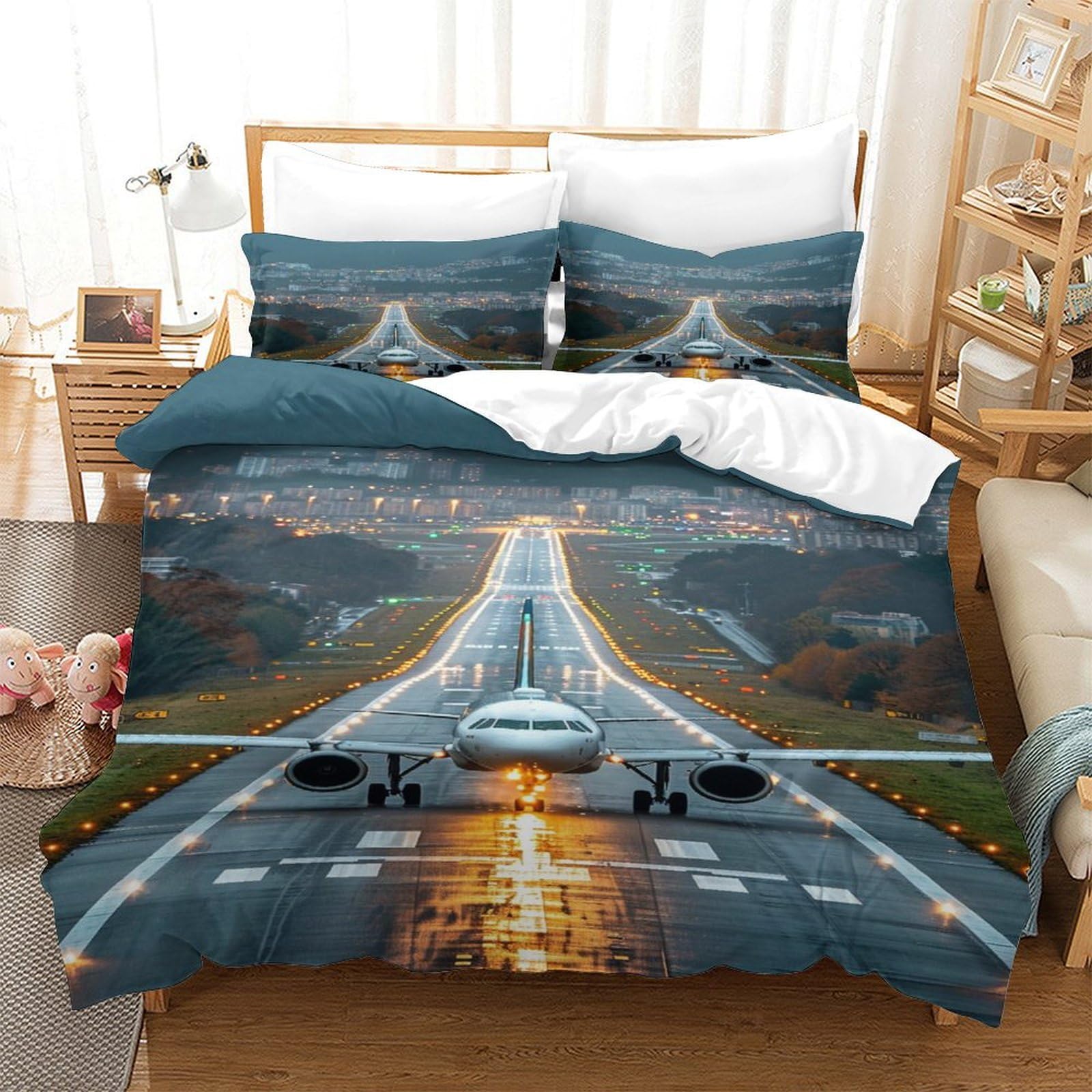 P1S9U7W5Y Aviation Runway 3D Printed Duvet Cover Set 3pcs Microfiber Airplane Bedding Set King（220x240cm）