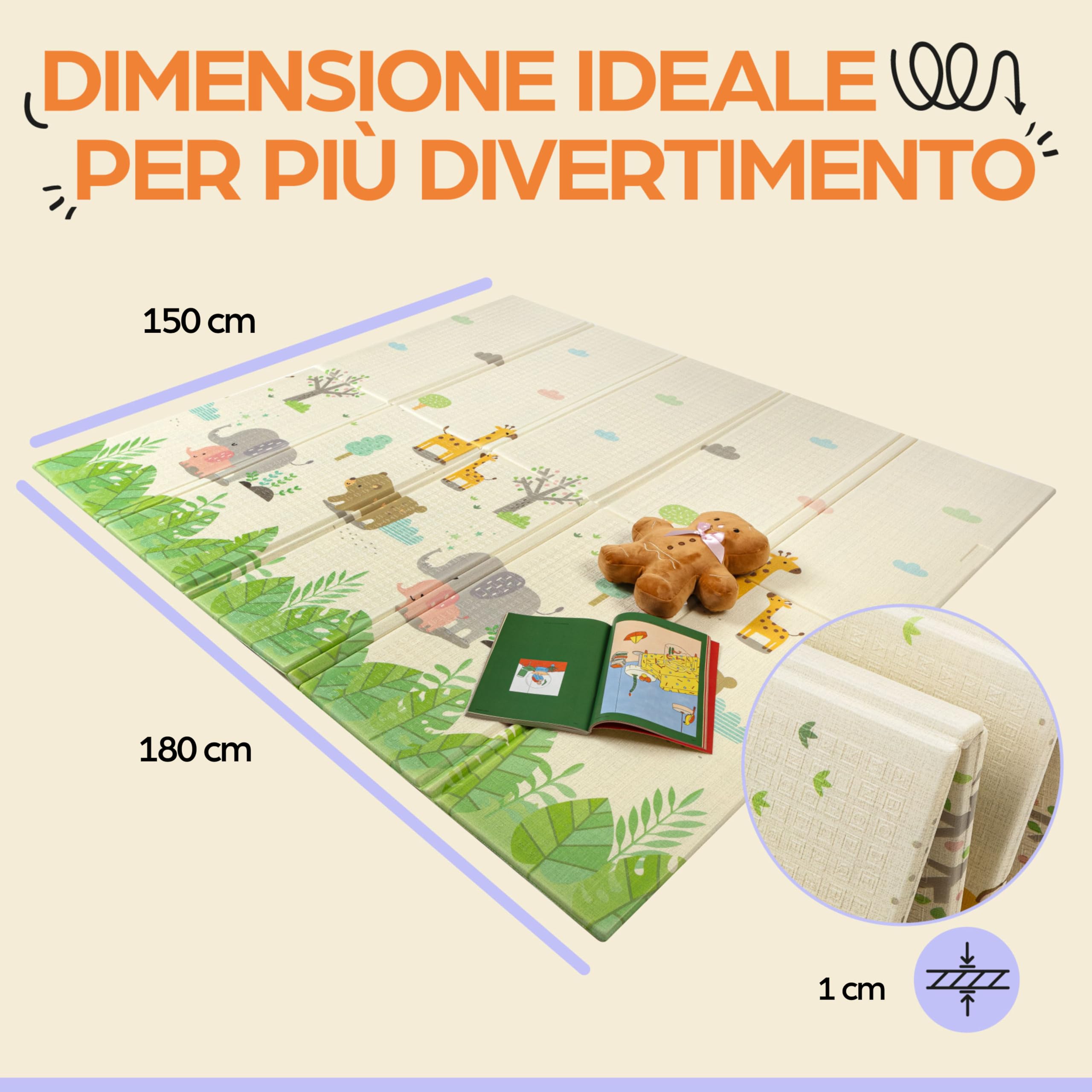 Tappeto da gioco bambini 150×180×1 cm pieghevole reversibile atossico impermeabile antiscivolo palestra neonato tummy time bambini arco giochi neonato 0-3/3-6/6-9 mesi sviluppo sensoriale
