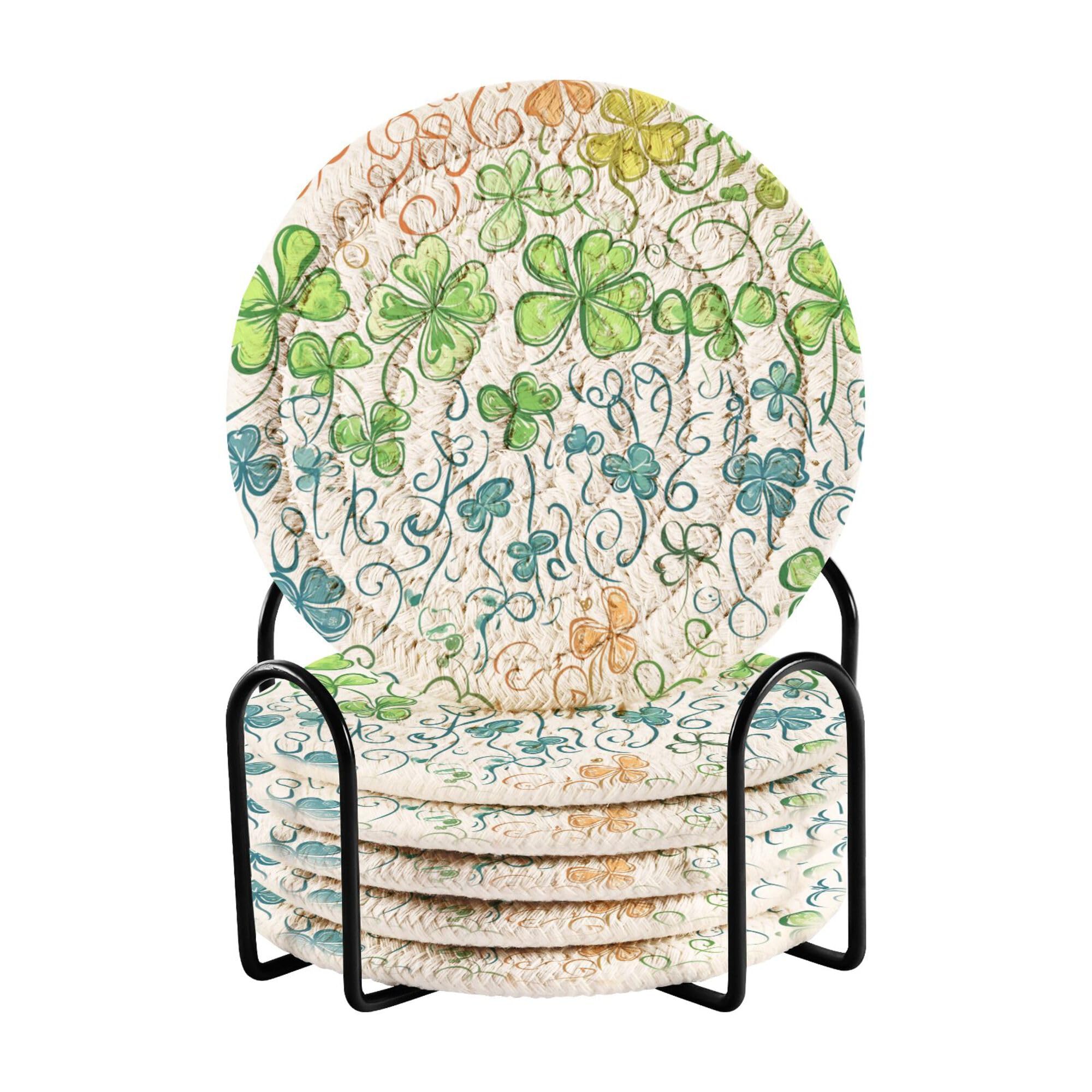 St.Patrick Green Shamrocks Cotton Rope Coasters and Holder Set of 6 Table Cup Coasters