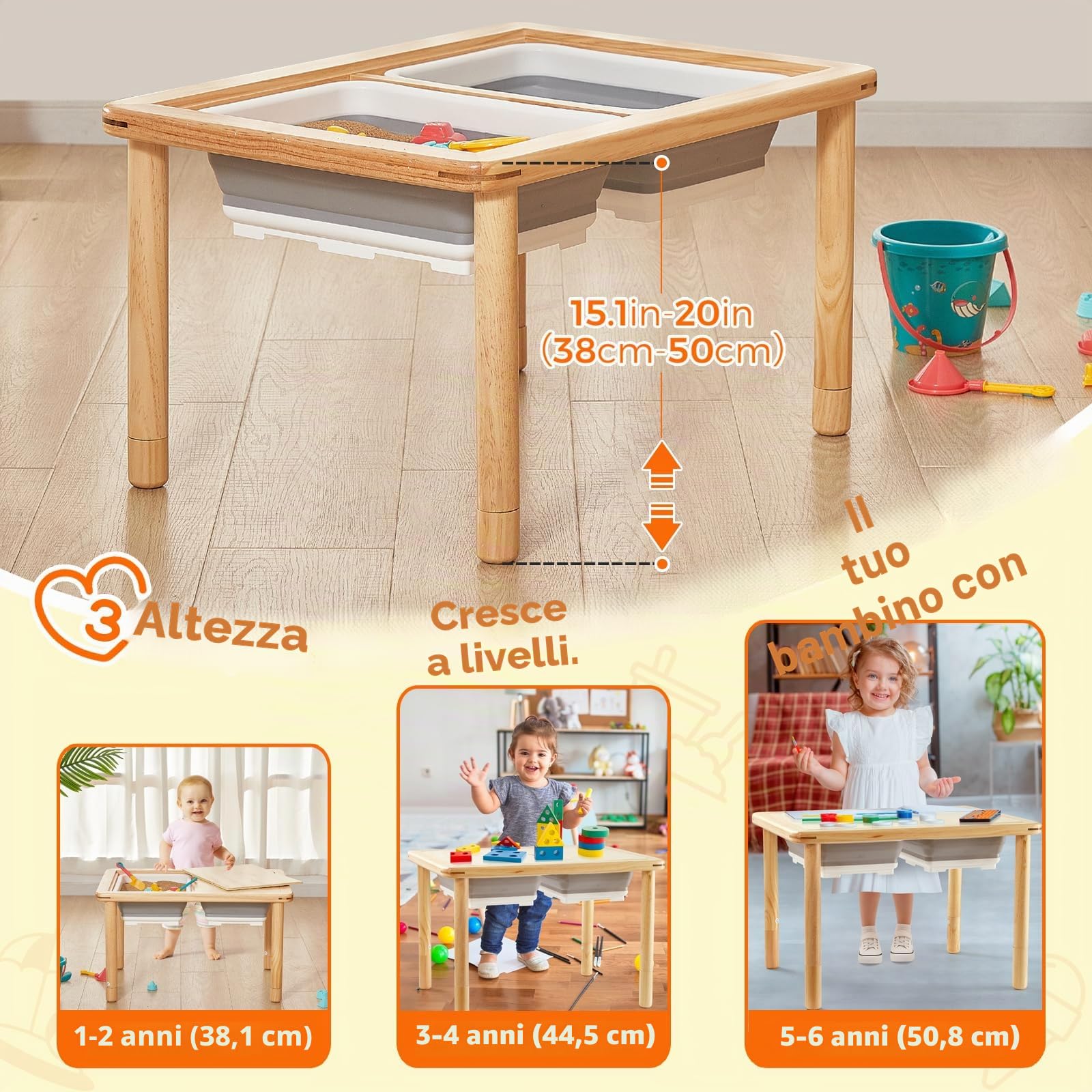 FUNLIO Tavolo sensoriale in Legno con 2 contenitori per Bambini da 1 a 5 Anni, Tavolo sensoriale per Bambini Regolabile in Altezza a 3 Livelli, Tavolo da Gioco per Sabbia e Acqua, Certificato CPC