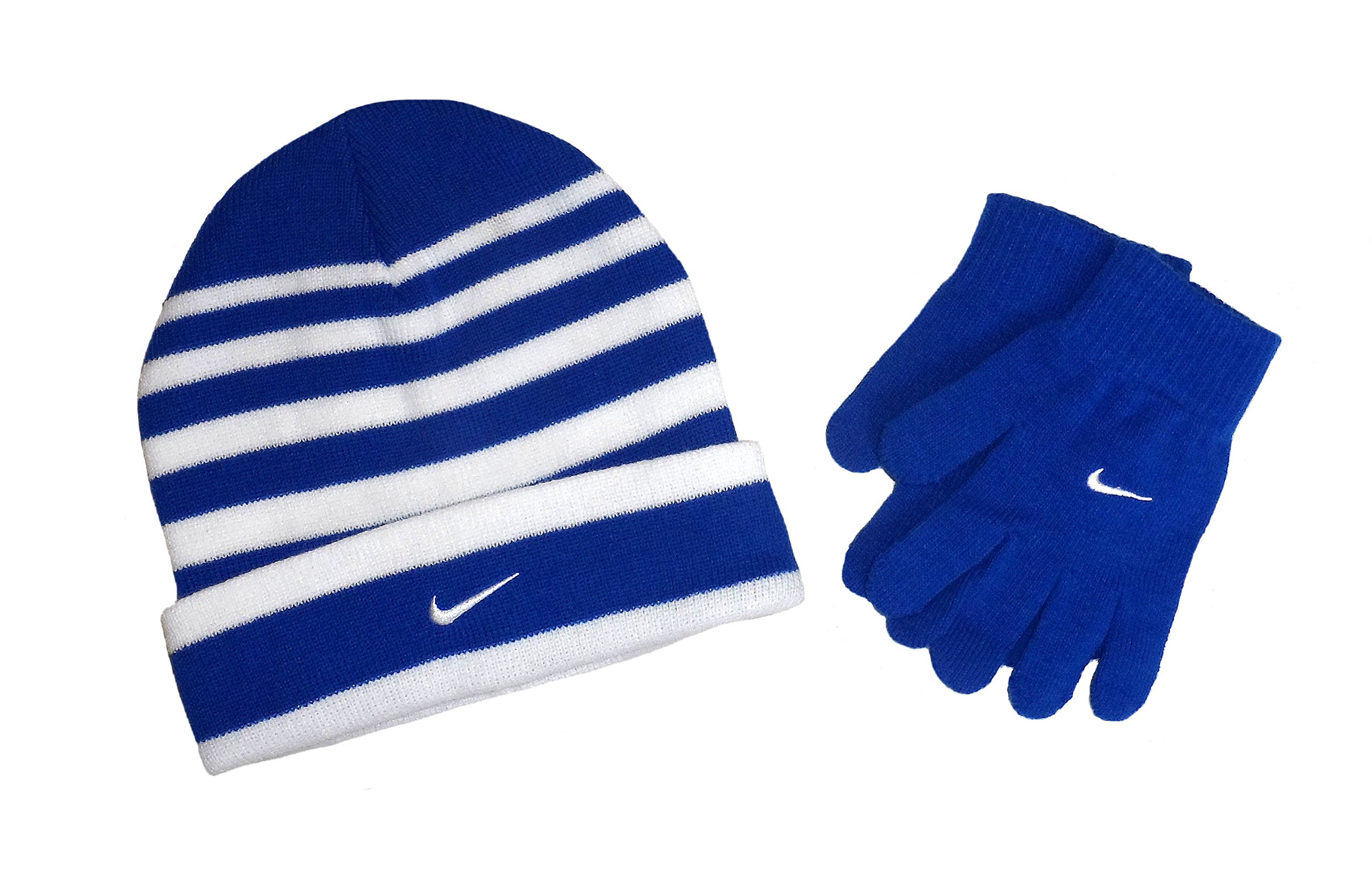Nike Swoosh Cuff Style Striped Knit Beanie Skull Cap & Gloves Set Boys 8/20 Game Royal