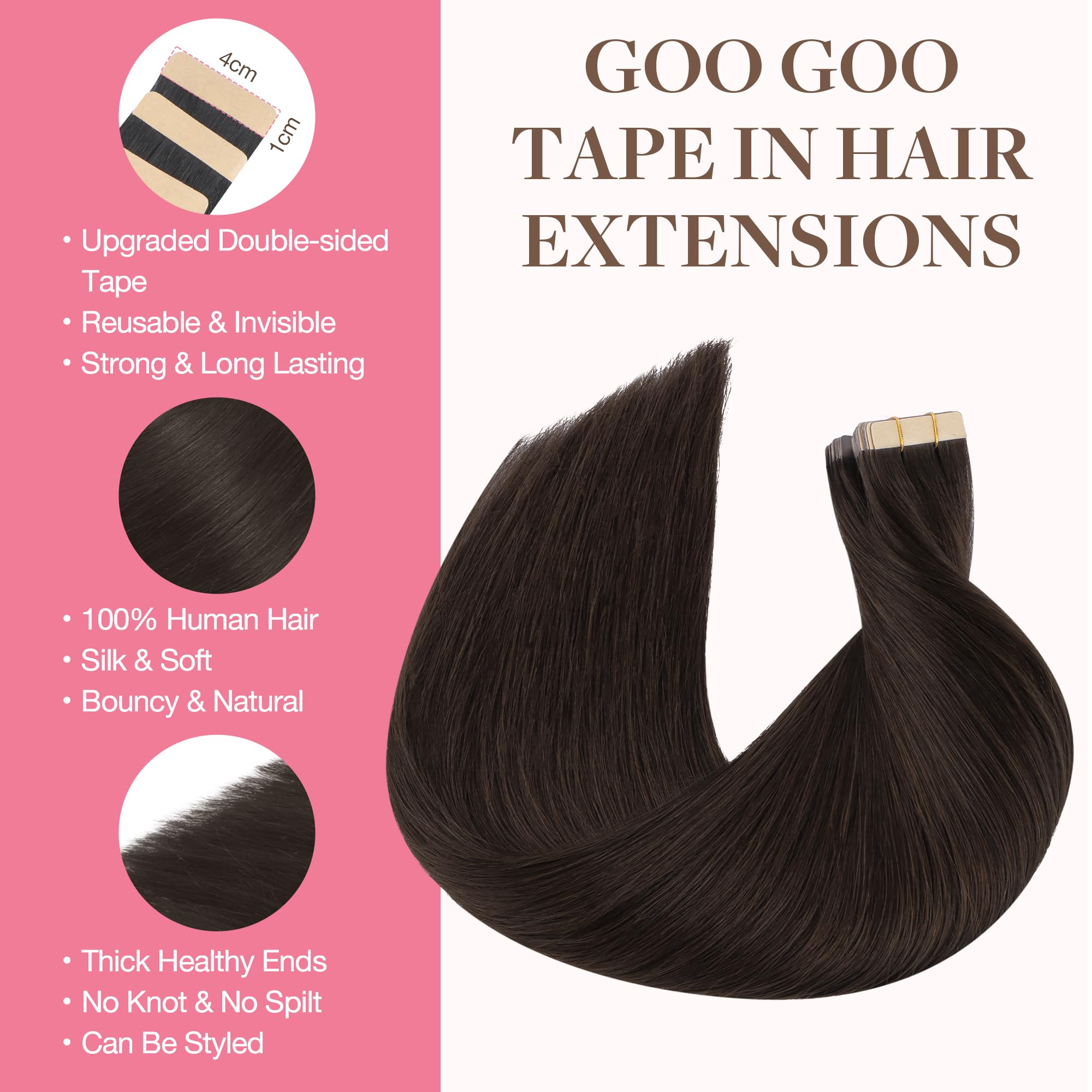 GOO GOO Tape in Hair Extensions human hair, tape Hair Extensions, 16inch 25g 10pcs, Human Hair Extensions, 2A Light Brown - Image 4