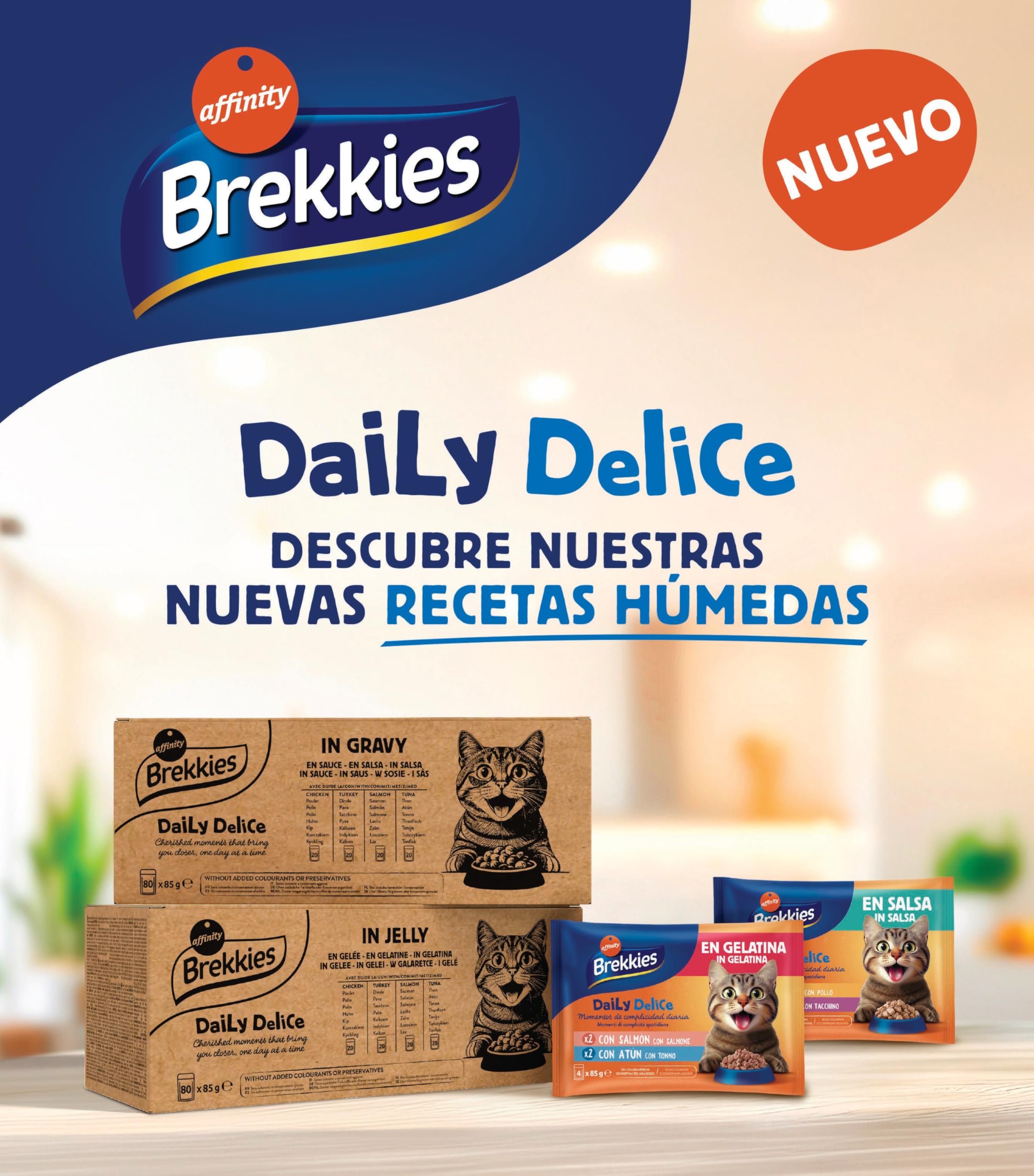 Brekkies Daily Delice Comida Húmeda para Gatos Bocaditos en gelatina (Pollo, Pavo, Salmón y Atún) - Jumbo Pack de 80 x 85g