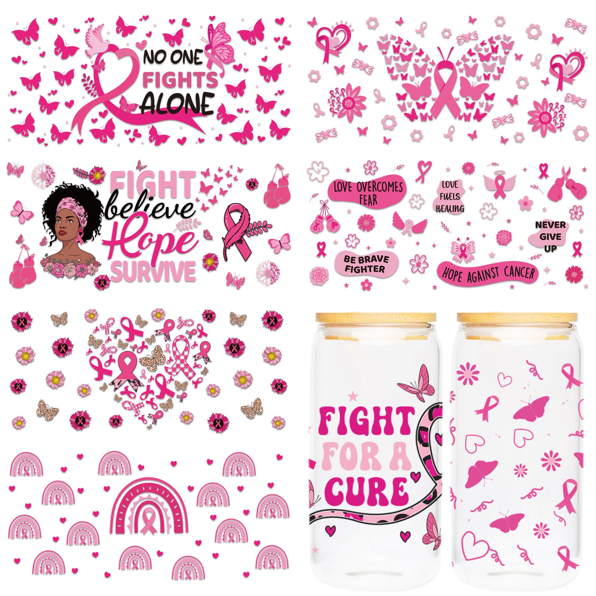 UV DTF Cup Wraps Transfer - Breast Cancer UVDTF Cup Sticker, Against Cancer, Believe Hope Survive, Butterfly, Flower, Rainbow, Love Heart Design,