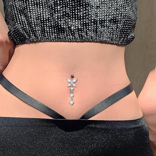 Miniatura 2 de Sterling Silver Dangle Belly Button Rings Stud Belly Rings ButterflyHeartFlowerRound Belly Rings for Women Navel Rings CZ Body Piercing