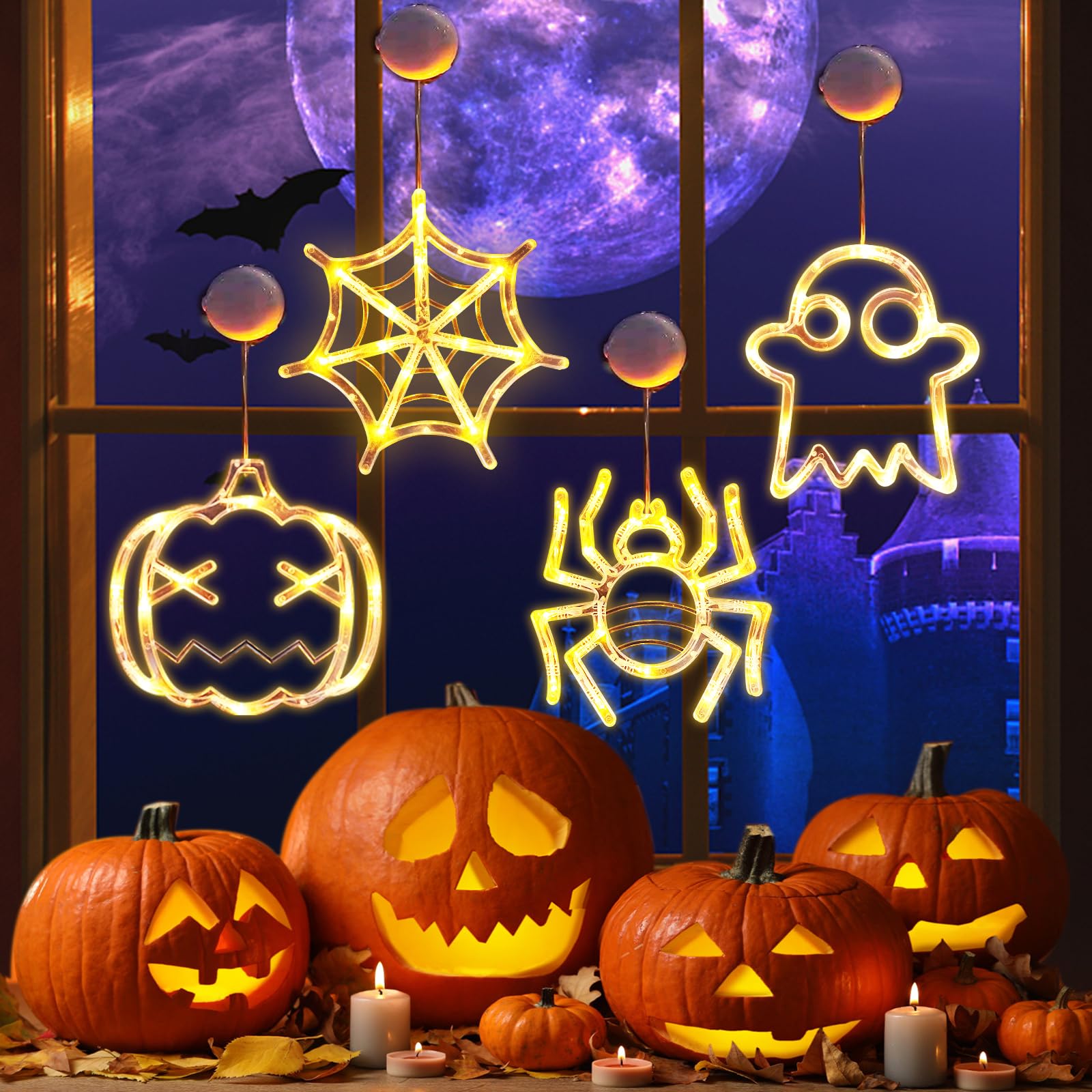 HisimHalloween Decorative Lights, 4 Pack Pumpkins, Spiders, Ghosts, and Spider Webs with Suction Cups, Battery Operated Halloween Window Lights for Indoor Outdoor Patio Party Home Decor