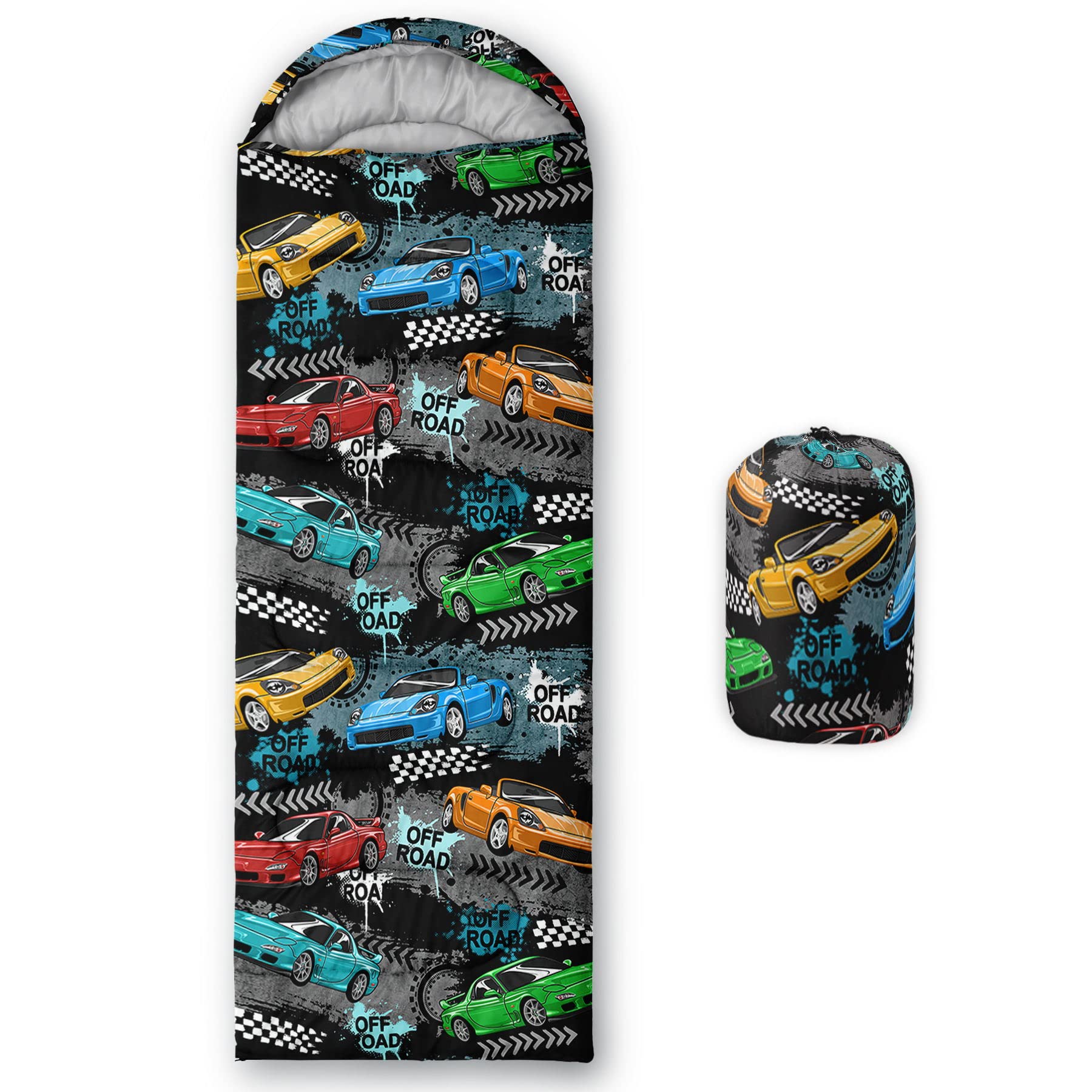 HOSIMA Sleeping Bags for Boys Girls Kids,Trendy Sports Car Printeded Lightweight Warm Portable Outdoor Indoor-Waterproof Cold Weather Resistant Sleeping Bag for Camping Hiking(Trendy)