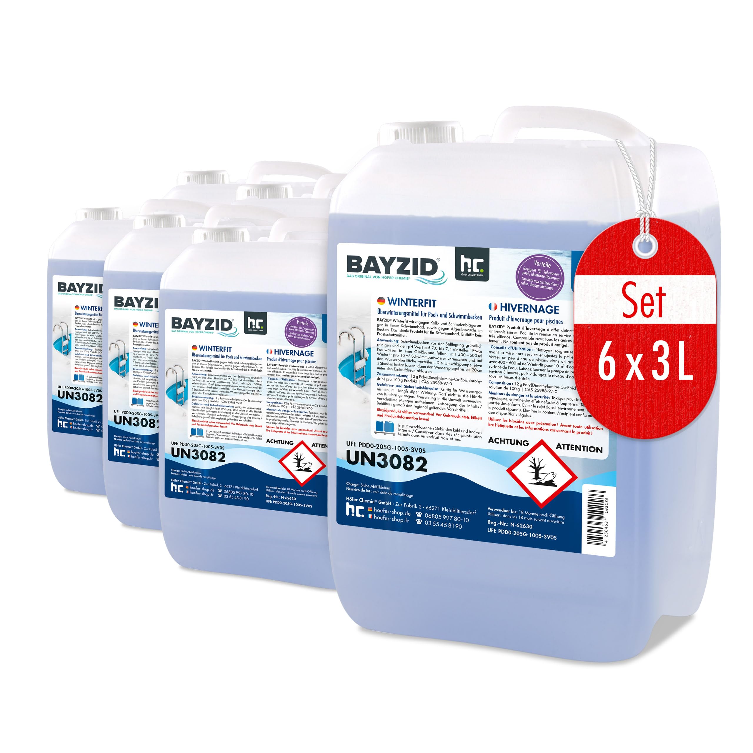 Höfer Chemie 6 x 3 L Produit d’Hivernage pour Piscine - Qualité Premium | BAYZID Winterfit Concentré pour l’Hivernage des Piscines et Bassins de Höfer Chemie - Protège du Gel et des Algues