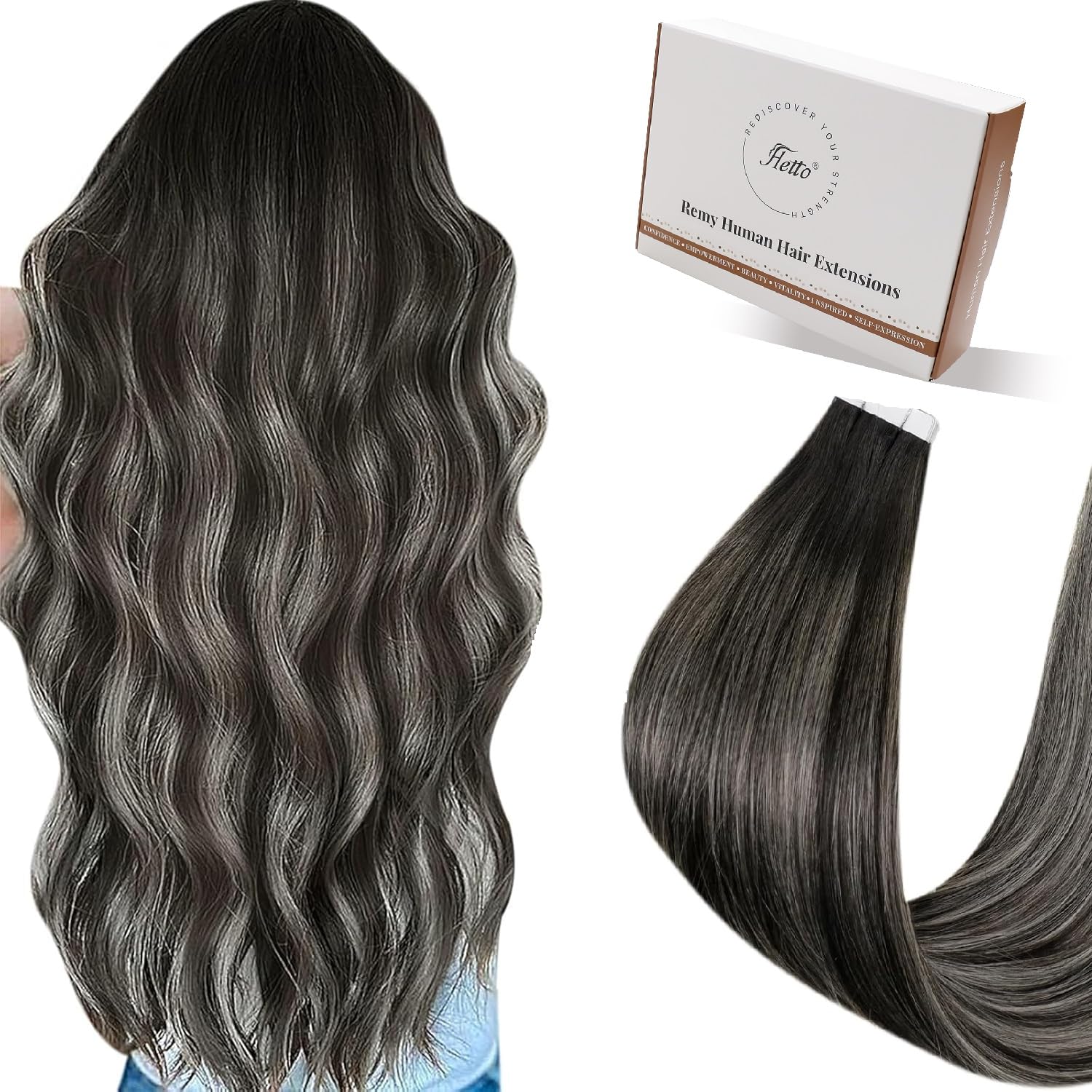 Hetto Tape Hair Extensions Human Hair Balayage Black Ombre Silver 18 Inch, Easy Wear Real Hair Tape in Extensions