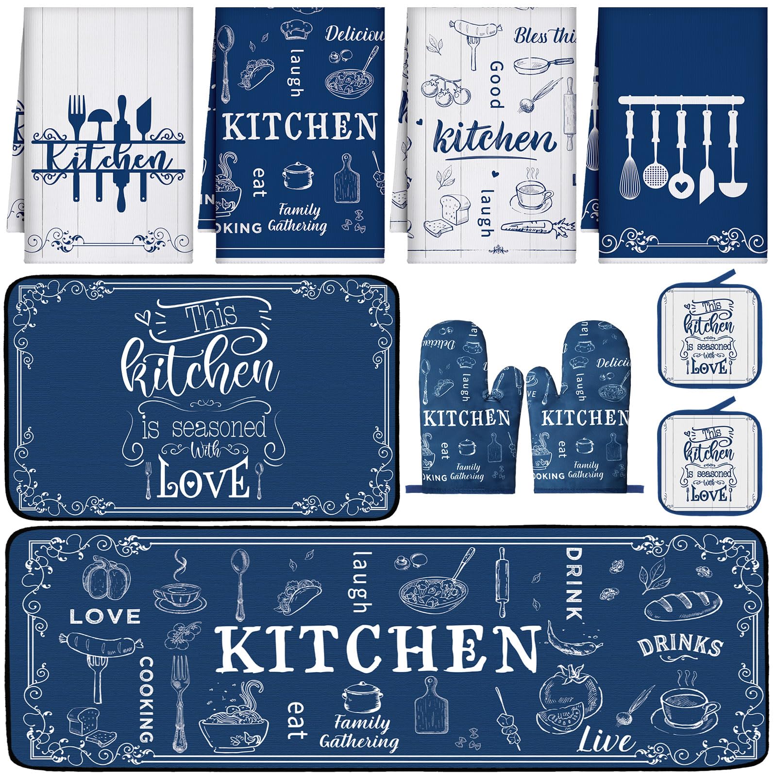 Photo 1 of 10 Pcs Farmhouse Kitchen Decor Set 4 Navy Blue Kitchen Dish Towels 2 Blue and White Pot Holders 2 Oven Mitts 2 Rustic Rugs Mats for Floor for Home Decorations Cooking Baking Mom Gifts Accessories