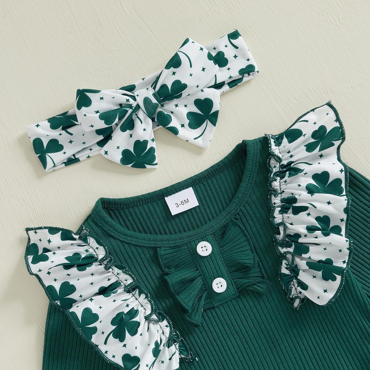 Newborn Baby Girl Valentines Day Outfit Cute St Patricks Day Outfit Ribbed Long Sleeve Romper Bodysuit Pants Set - Image 2