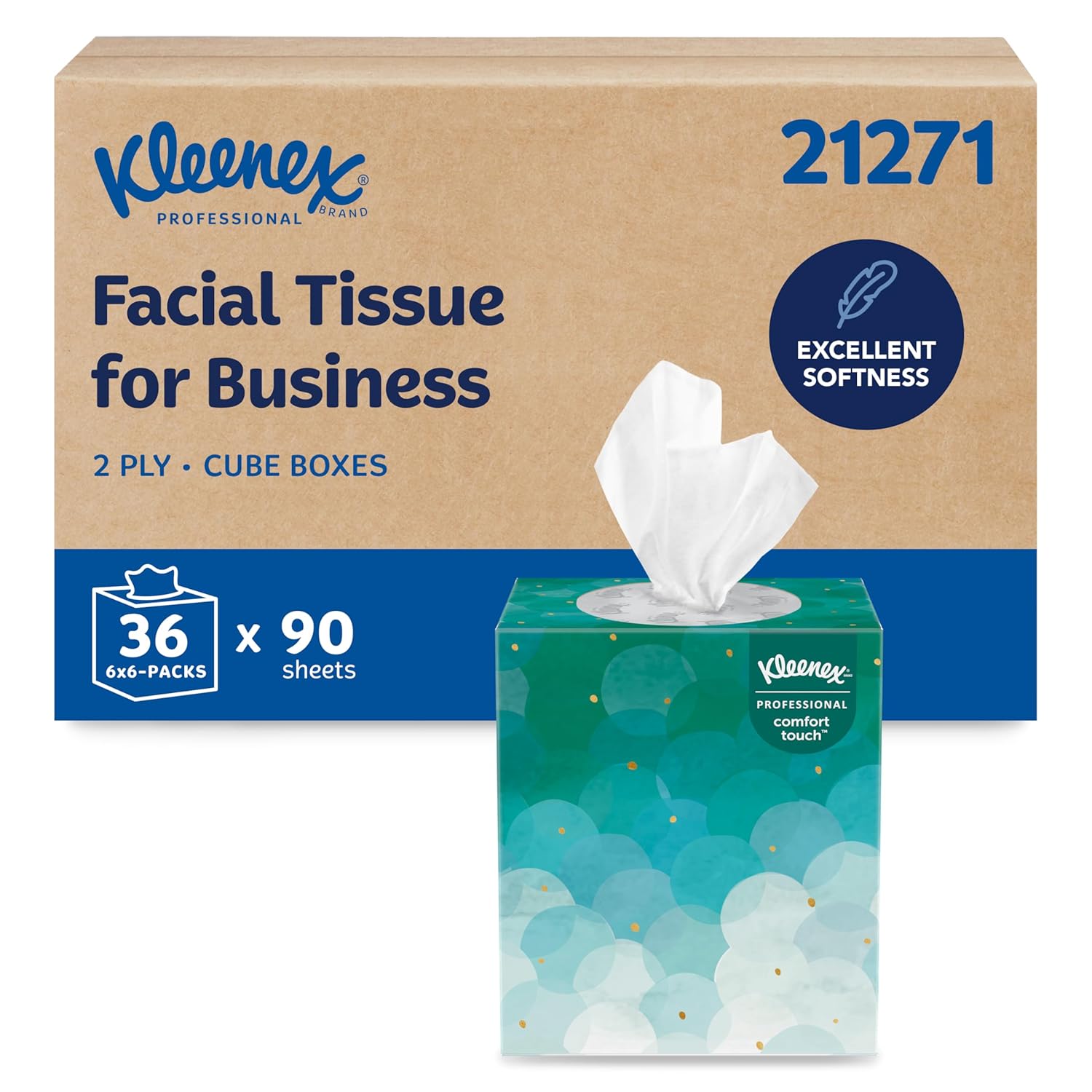Kleenex Professional 2-Ply Facial Tissue Bulk Case, 36 Upright Cube Boxes (3240 Sheets) for Businesses