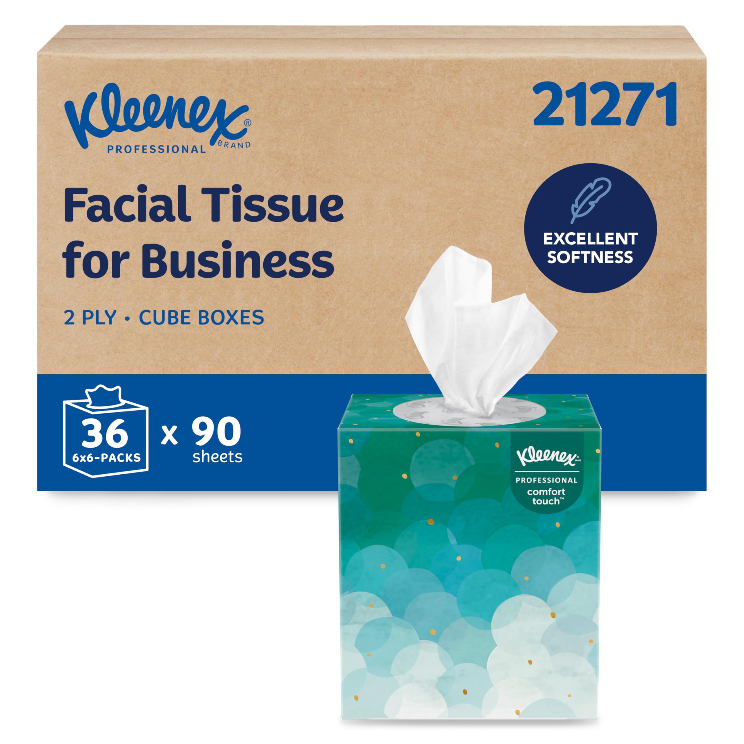 Kleenex Professional Facial Tissue, Bulk (21271), 2-Ply, White, Upright Cube Boxed Format, Designed for Business (90 Tissues/Box, 36 Boxes, 3,240 Sheets/Case)