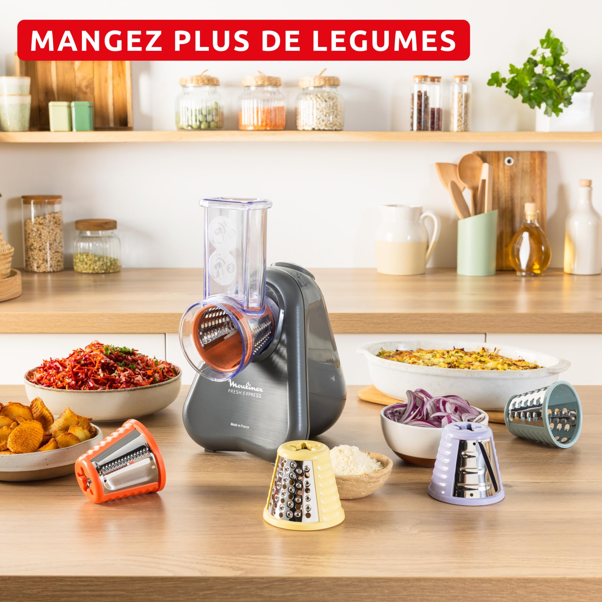 Moulinex Fresh Express, Découpe-légumes électrique, Service direct, Émincer-Trancher-Râper-Couper en forme ondulée, Gris, DK855HE0