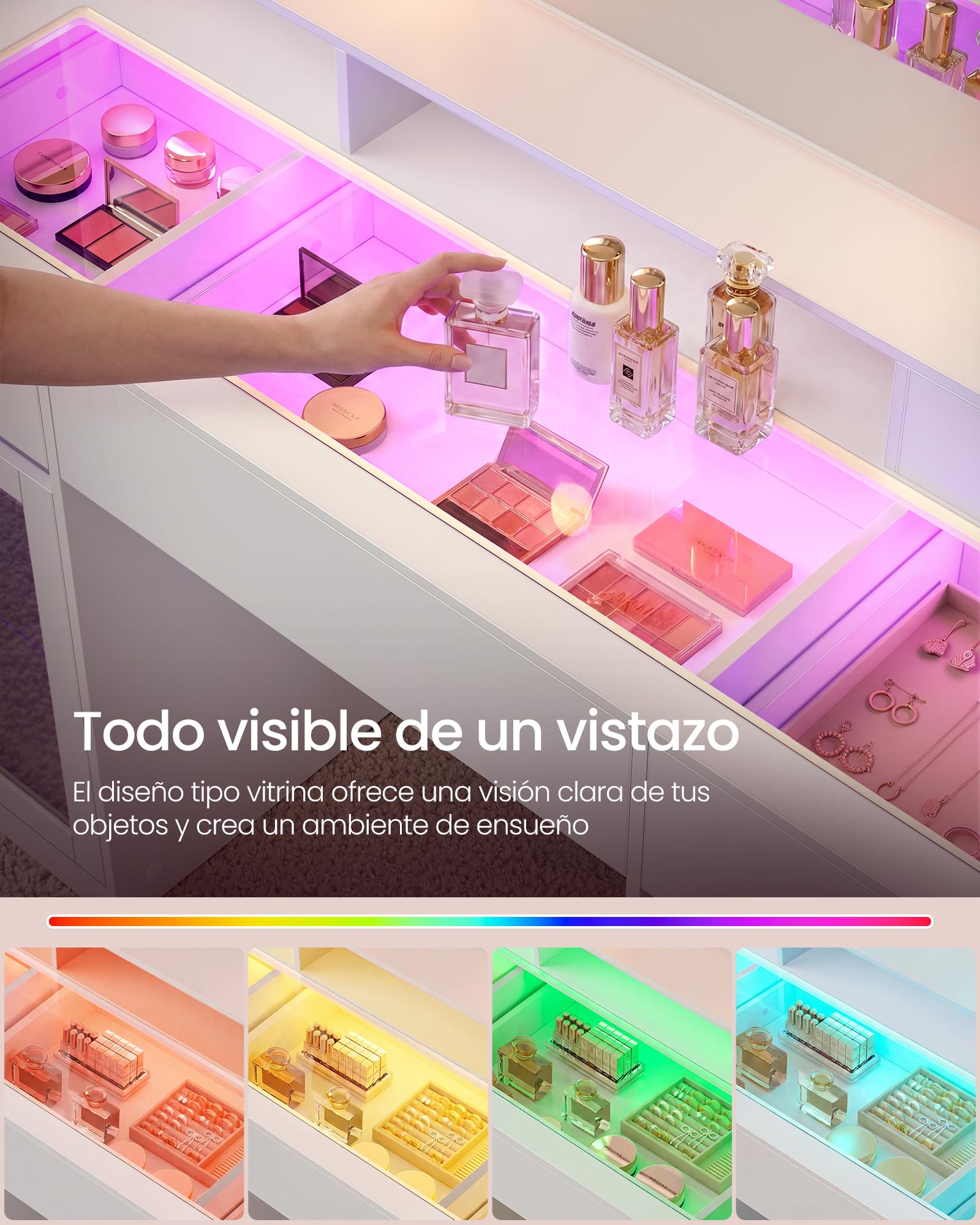 VASAGLE Tocador, Mesa de Maquillaje con Espejo y Luces RGB, Enchufes y Puertos USB, Armarios de Almacenamiento, 107 x 40 x 144,5 cm, Blanco, para Dormitorio, Colección Kailyn RDT145WB01
