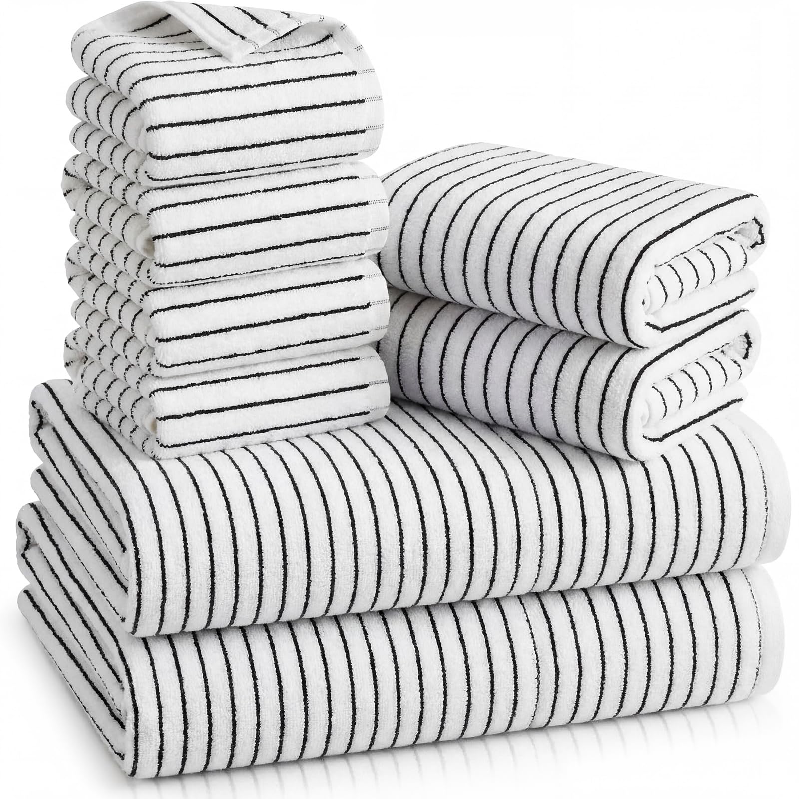 Photo 1 of Mindsoft 8 Piece Black and White Striped Bath Towels Set Soft Microfiber Towel Set with Hanging Loops -2 Bath, 2 Hand, 4 Washcloths Absorbent Quick Dry Shower Cloth for Bathroom Hotel