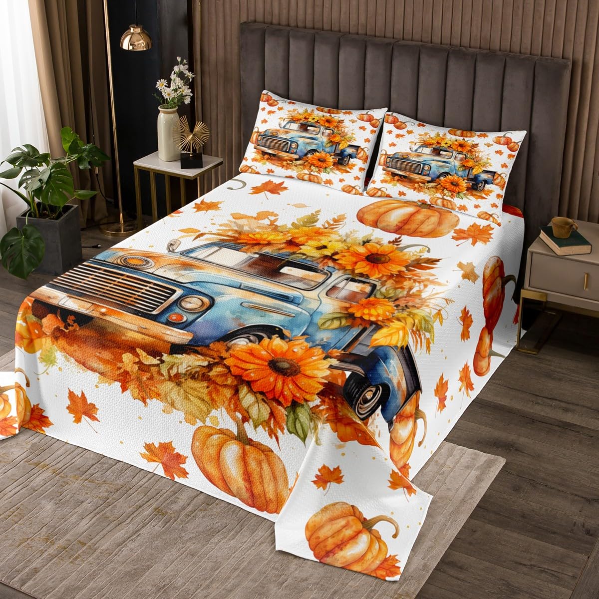 Couvre-lit de Thanksgiving imprimé feuilles d'érable pour grand lit