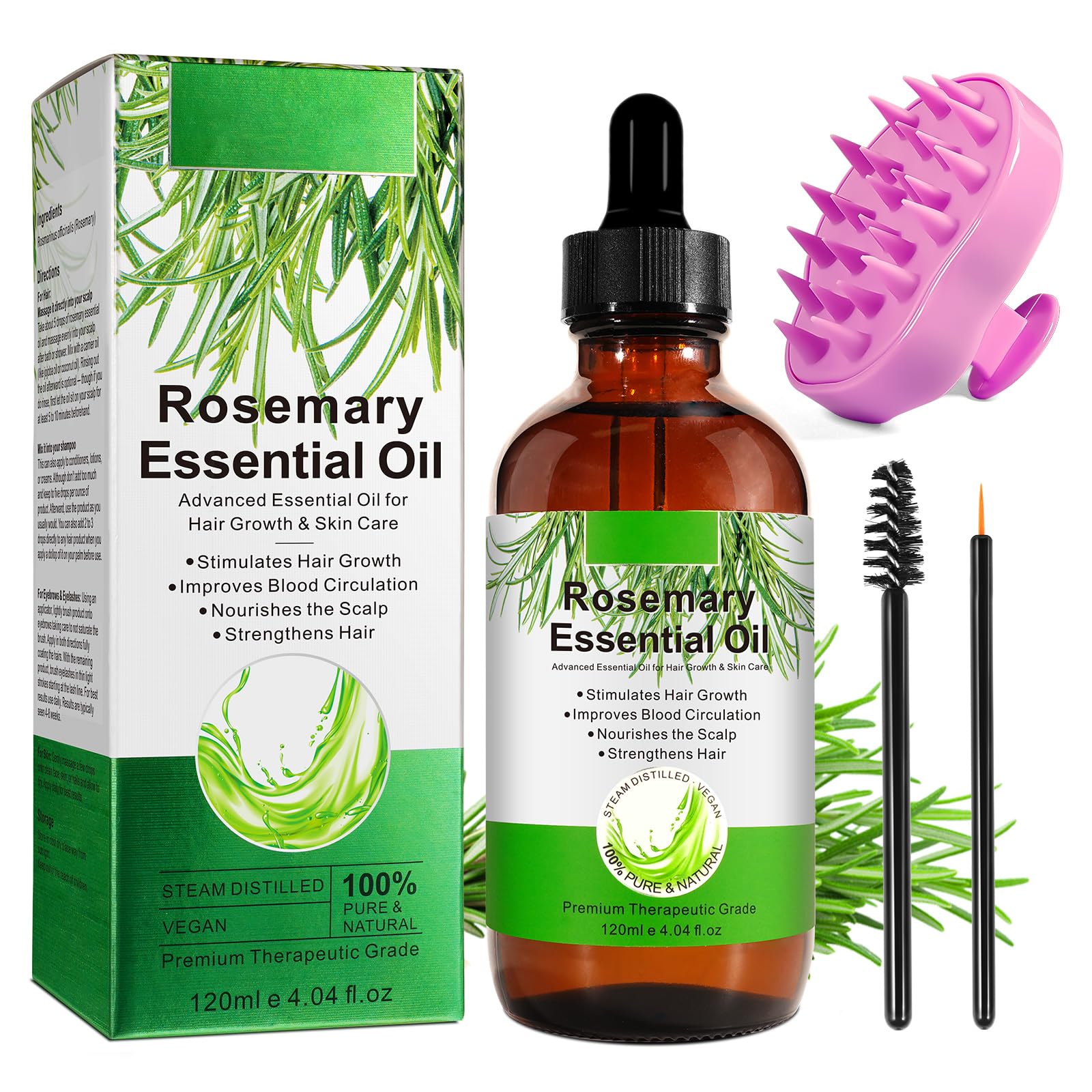 Rosmarinöl Haare Wachstum 120ml mit Kopfhaut Massagebürste, Reines Rosemary Oil for Hair, Wimpern, Augenbrauen, Gesicht, Hautpflege, Körpermassage, Nährt die Kopfhaut, Verbessert die Blutzirkulation