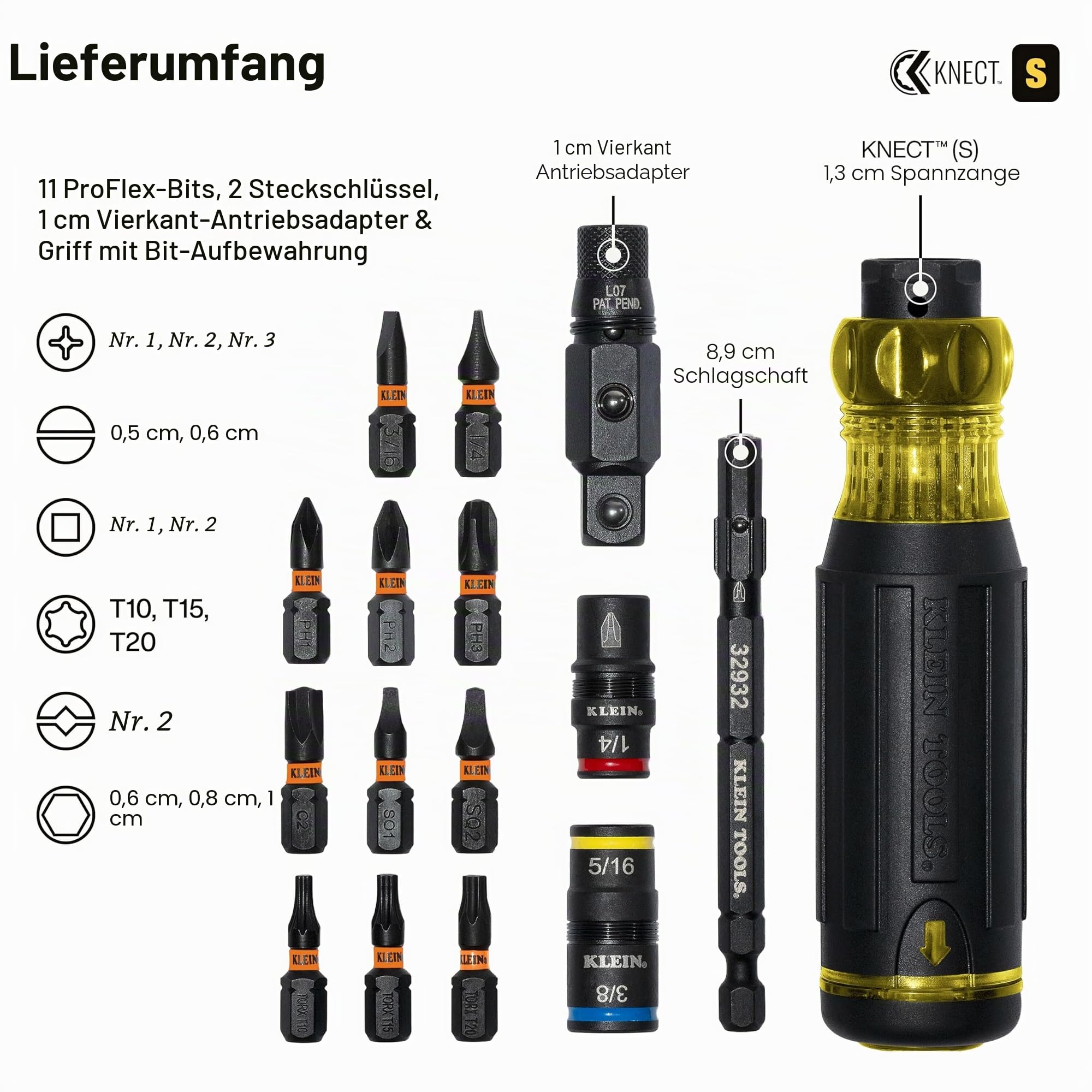 Klein Tools, 32517HD KNECT, 17-in-1 Schlagfester Hybrid-Schraubendreher/Steckschlüssel, Magnetisch, Mit Wechseleinsatz, 11 Bits, 3 Steckschlüssel, Bithalter, Vierkantadapter