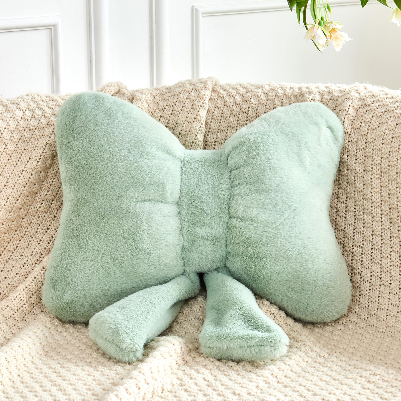 XVTRU Sage Green Bow Pillow Soft Bow Decorative Pillows with Faux Rabbit Fur Cute 16 Bow Throw Pillows