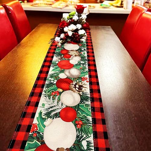 Miniatura 4 de Ajmyonsp Camino de mesa de Navidad de 72 pulgadas, lino blanco y negro, a cuadros, bola de Navidad, caminos de mesa de invierno, decoración de