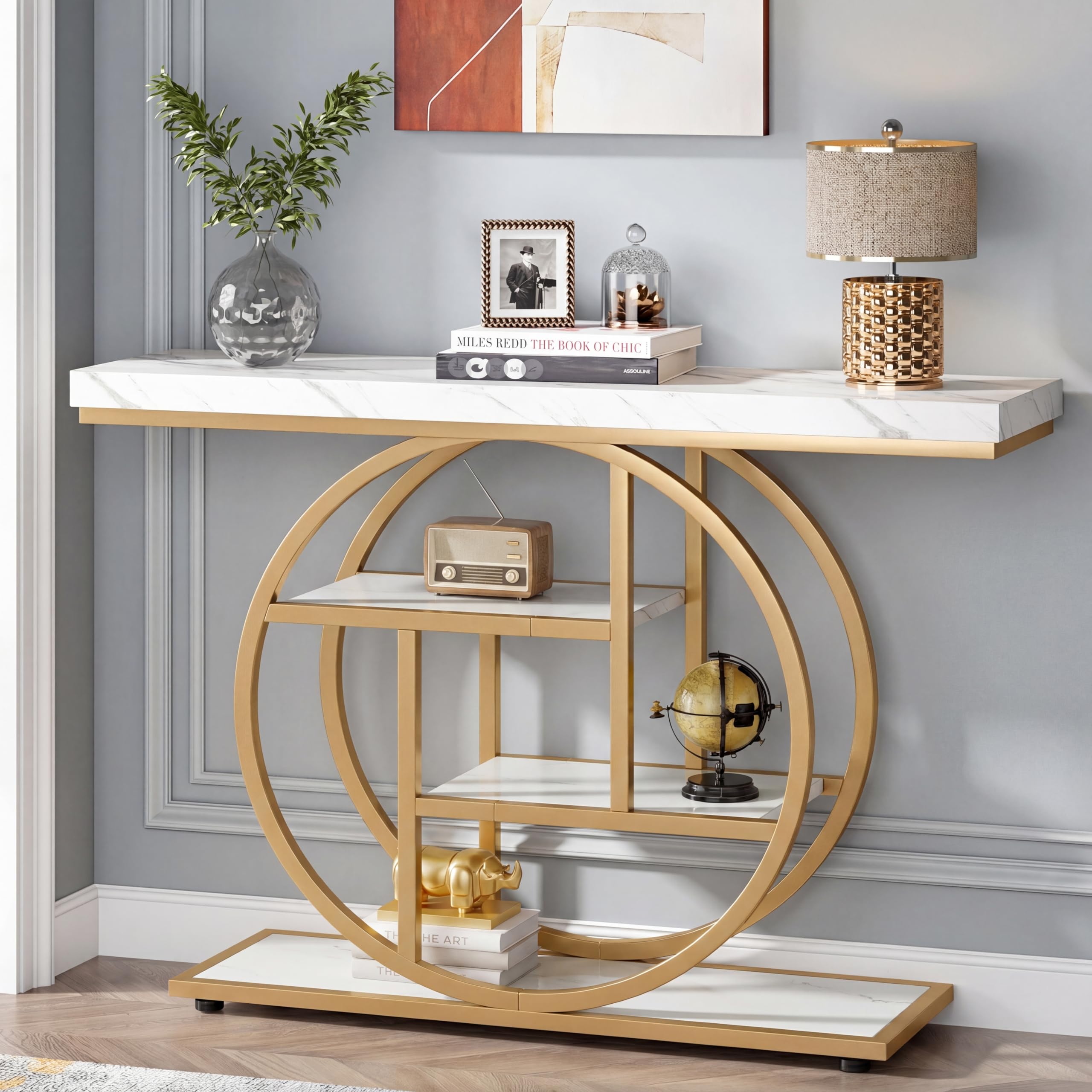 Tribesigns Console Table 105 cm, Industrial 4 Tier Sofa Table with Circular Metal Frame, Narrow Entryway Table with Storage Shelves for Living Room Hallway Foyer, White and Gold