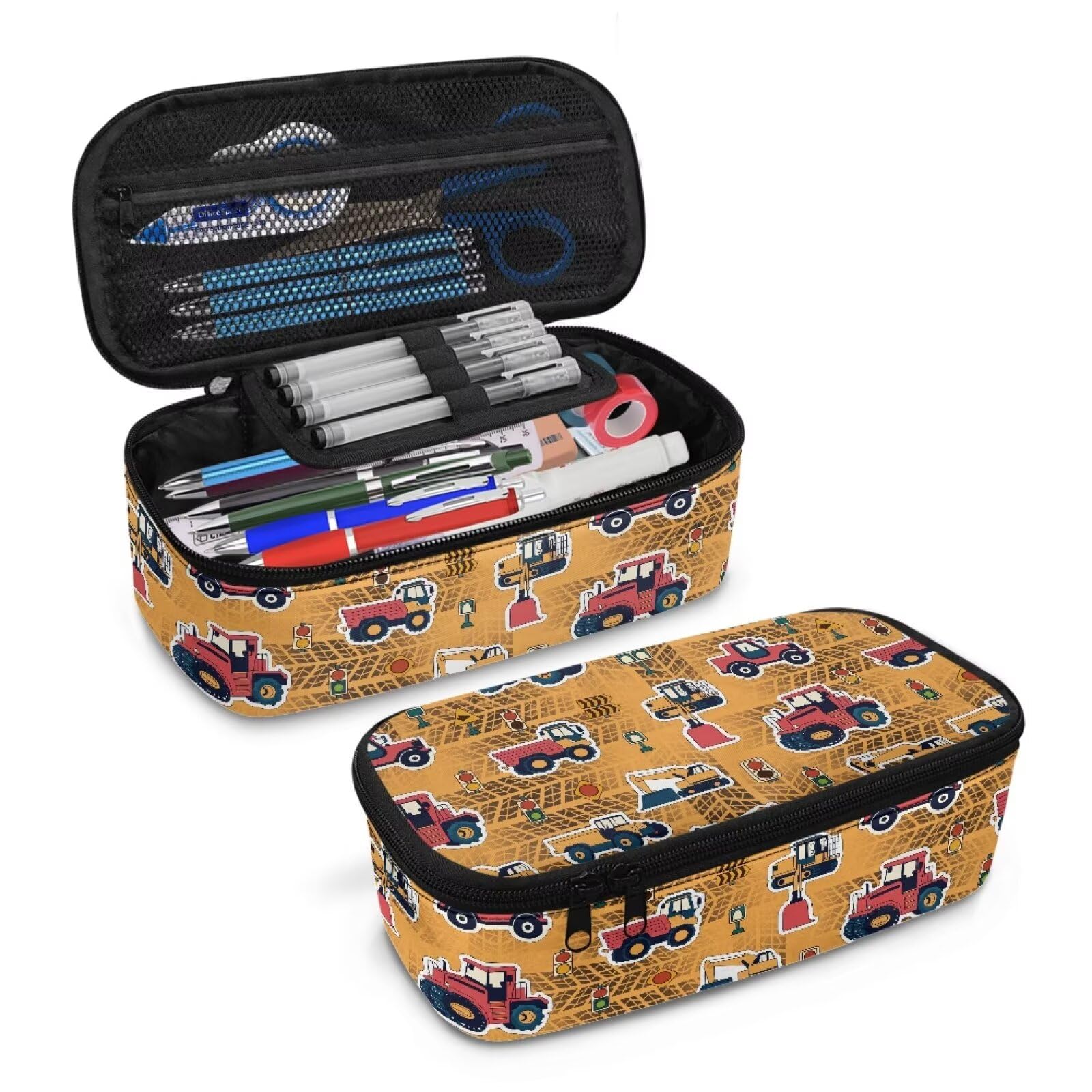 Construction Vehicle Print Pencil Pouch for Boys 6-8 Kids Pencil Bag Portable Large Pen Bags with Mesh Pockets for Back to School Gifts